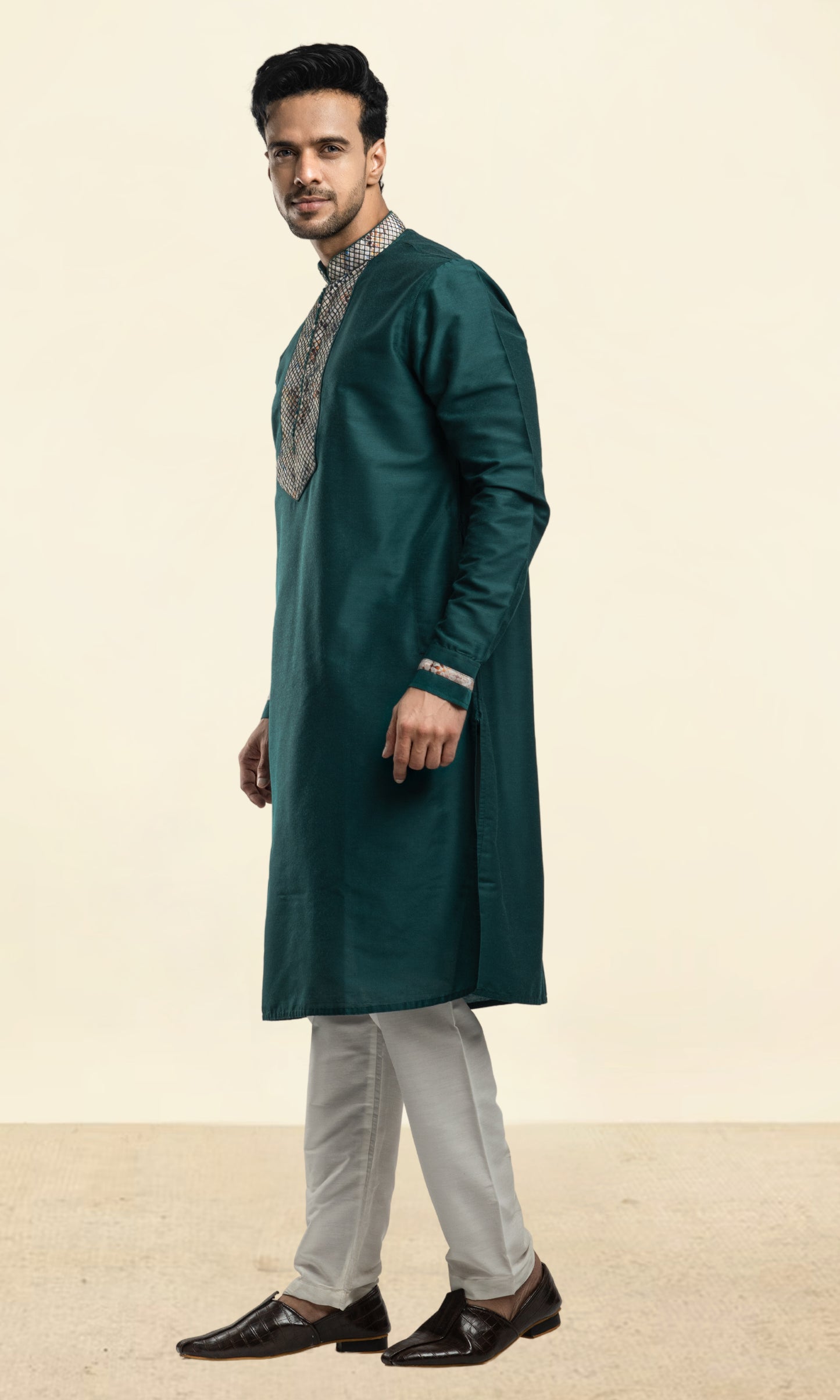 RAMA GREEN THREADWORK KURTA WITH POTLI BUTTONS & PRINTED CUFF SLEEVES