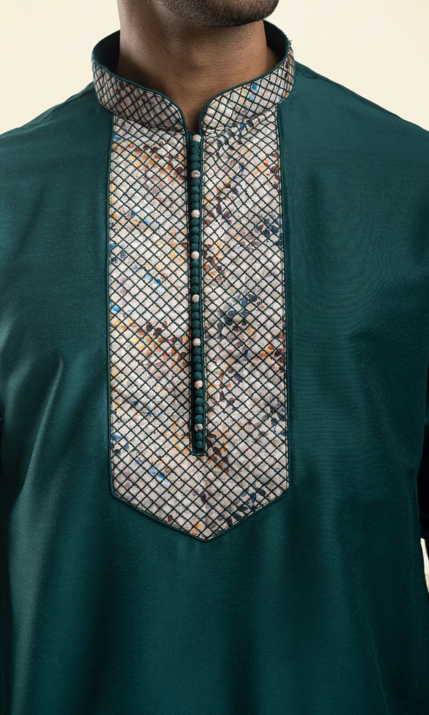 RAMA GREEN THREADWORK KURTA WITH POTLI BUTTONS & PRINTED CUFF SLEEVES