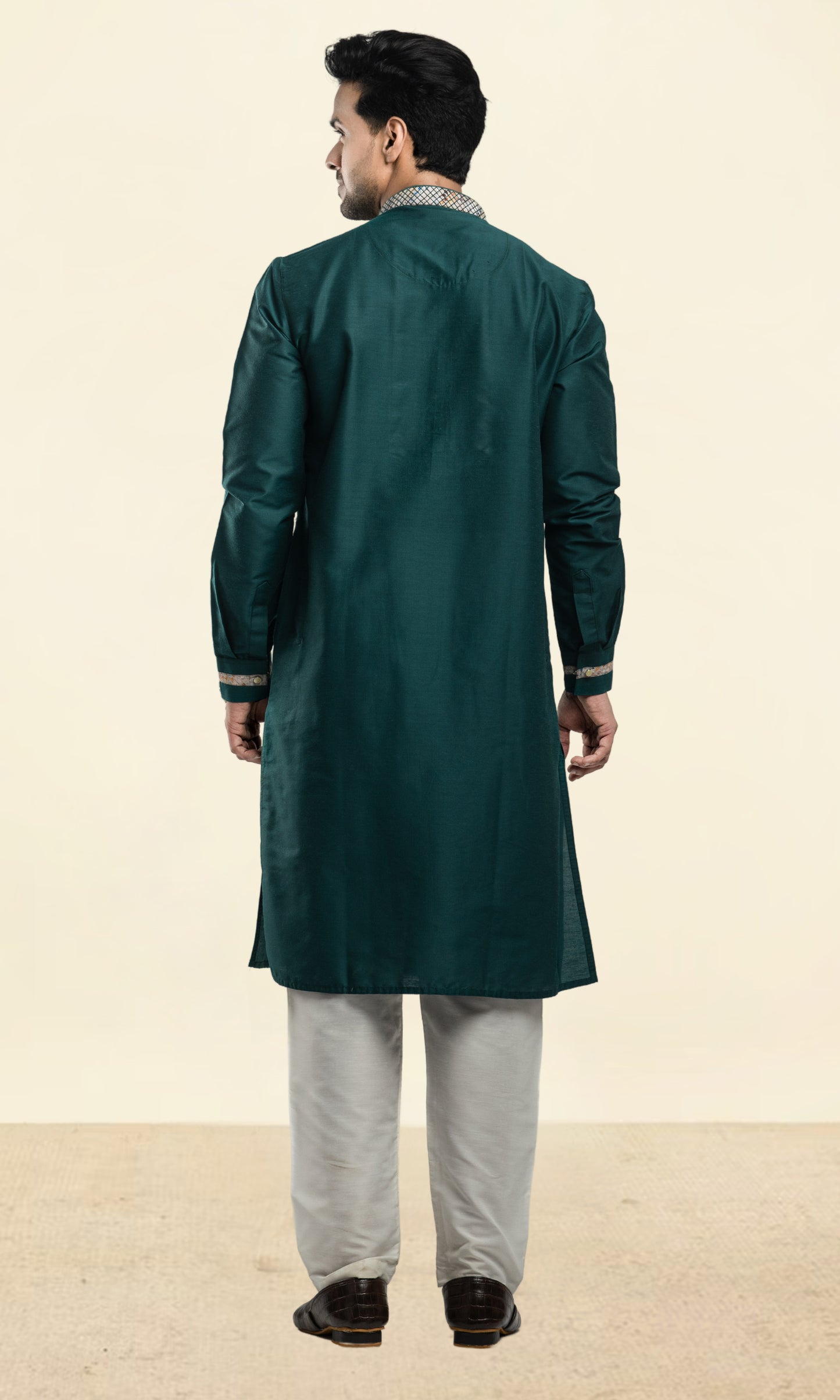 RAMA GREEN THREADWORK KURTA WITH POTLI BUTTONS & PRINTED CUFF SLEEVES