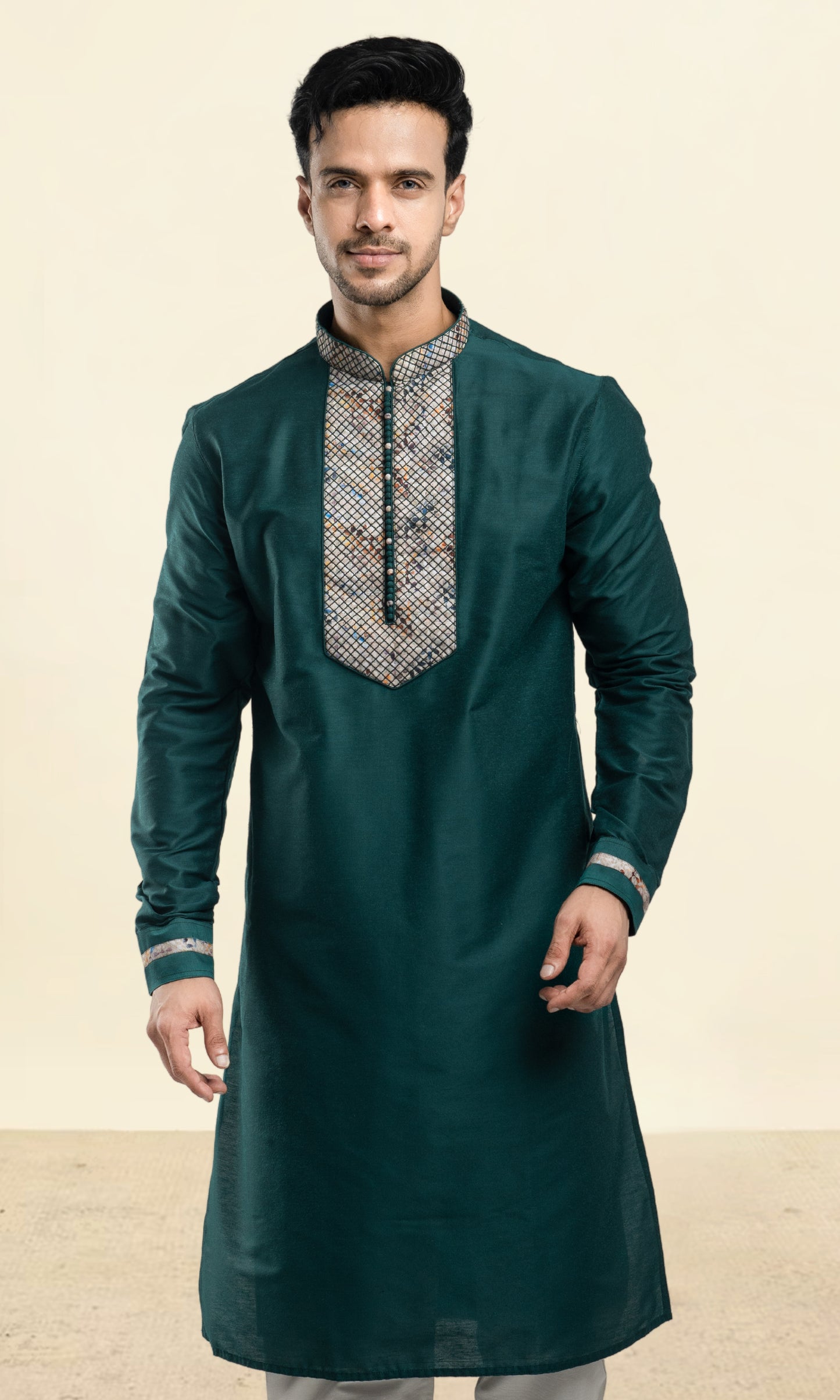 RAMA GREEN THREADWORK KURTA WITH POTLI BUTTONS & PRINTED CUFF SLEEVES