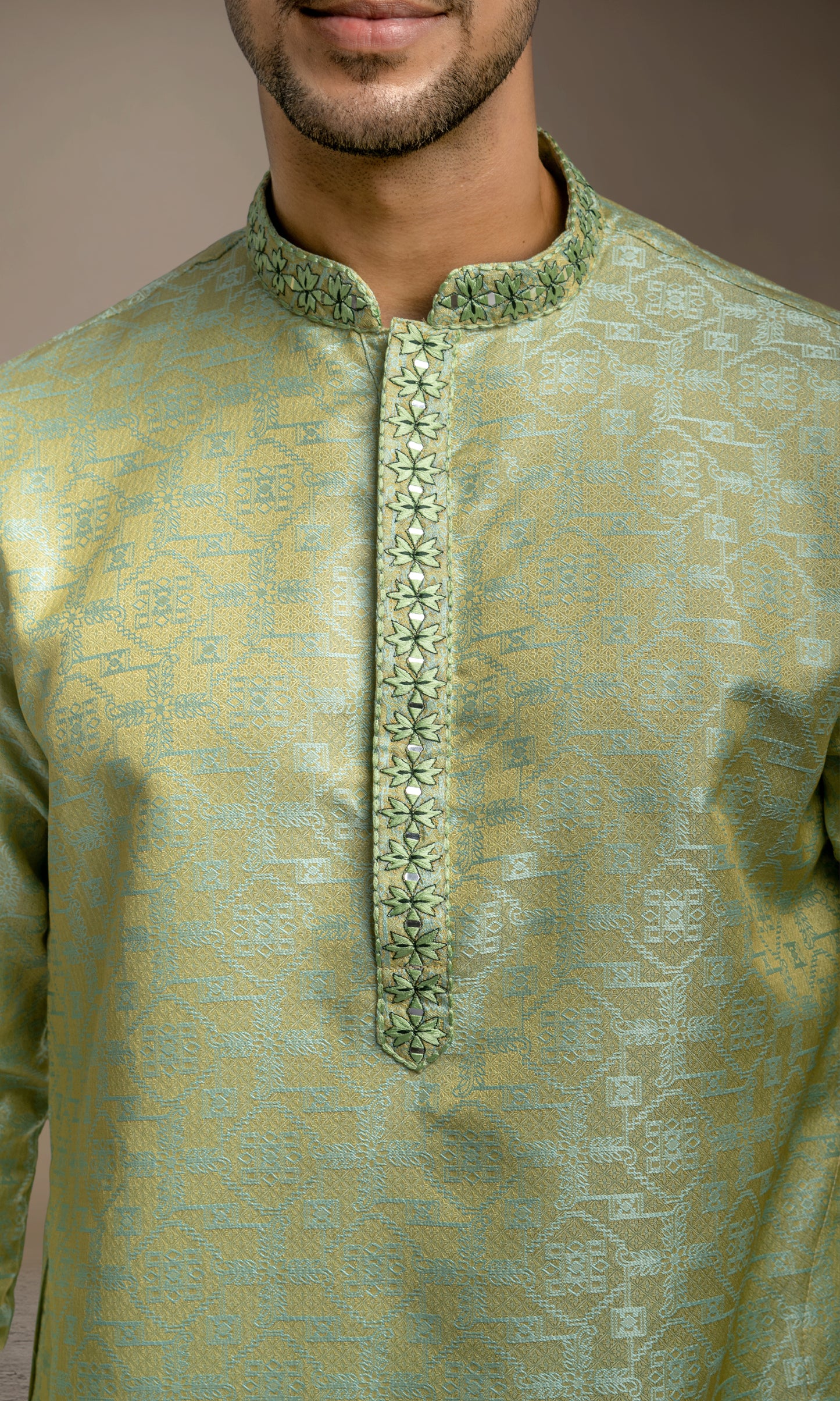 PISTACHIO MEDALLION WEIVED KURTA WITH MIRRIORED THREADWORK EMBRIODERY