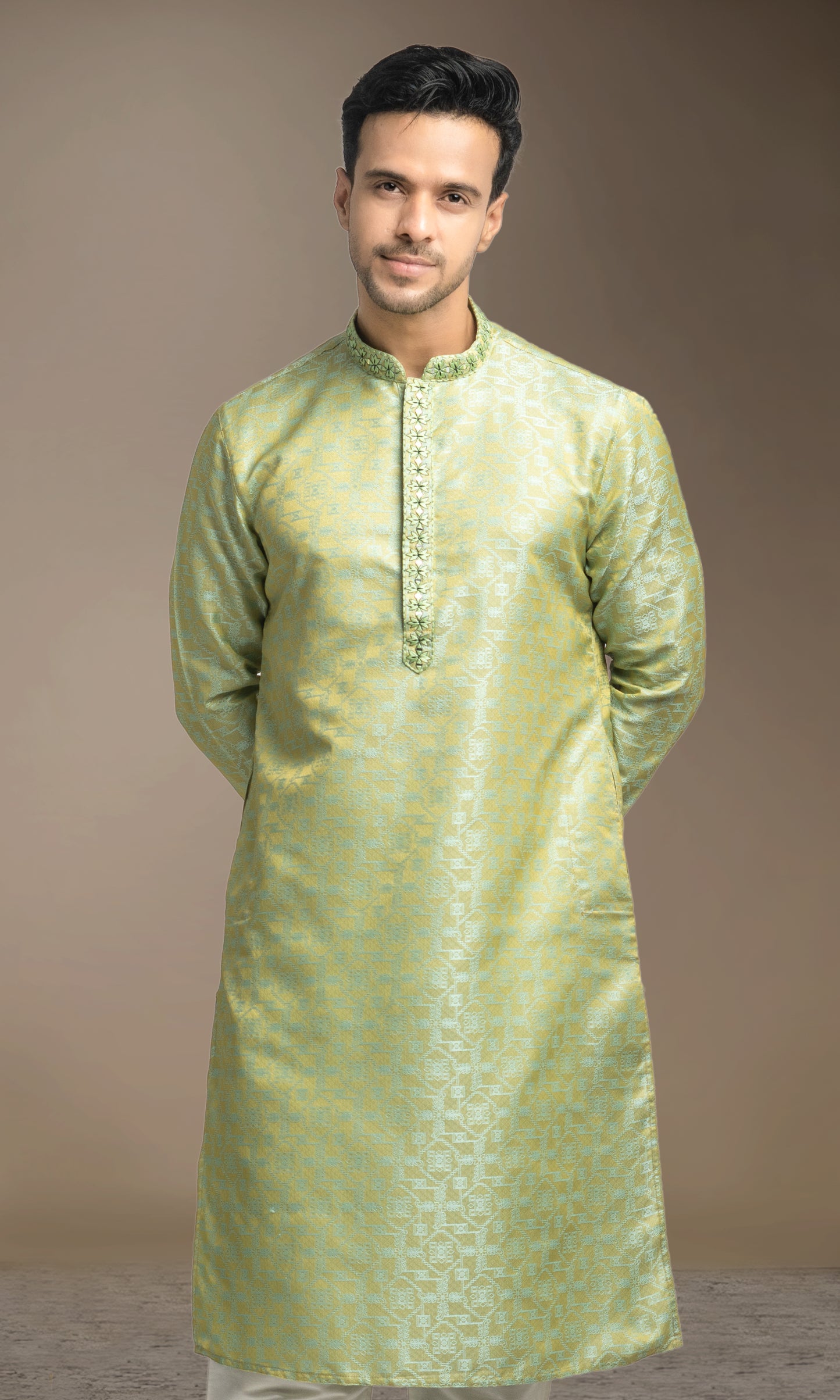 PISTACHIO MEDALLION WEIVED KURTA WITH MIRRIORED THREADWORK EMBRIODERY