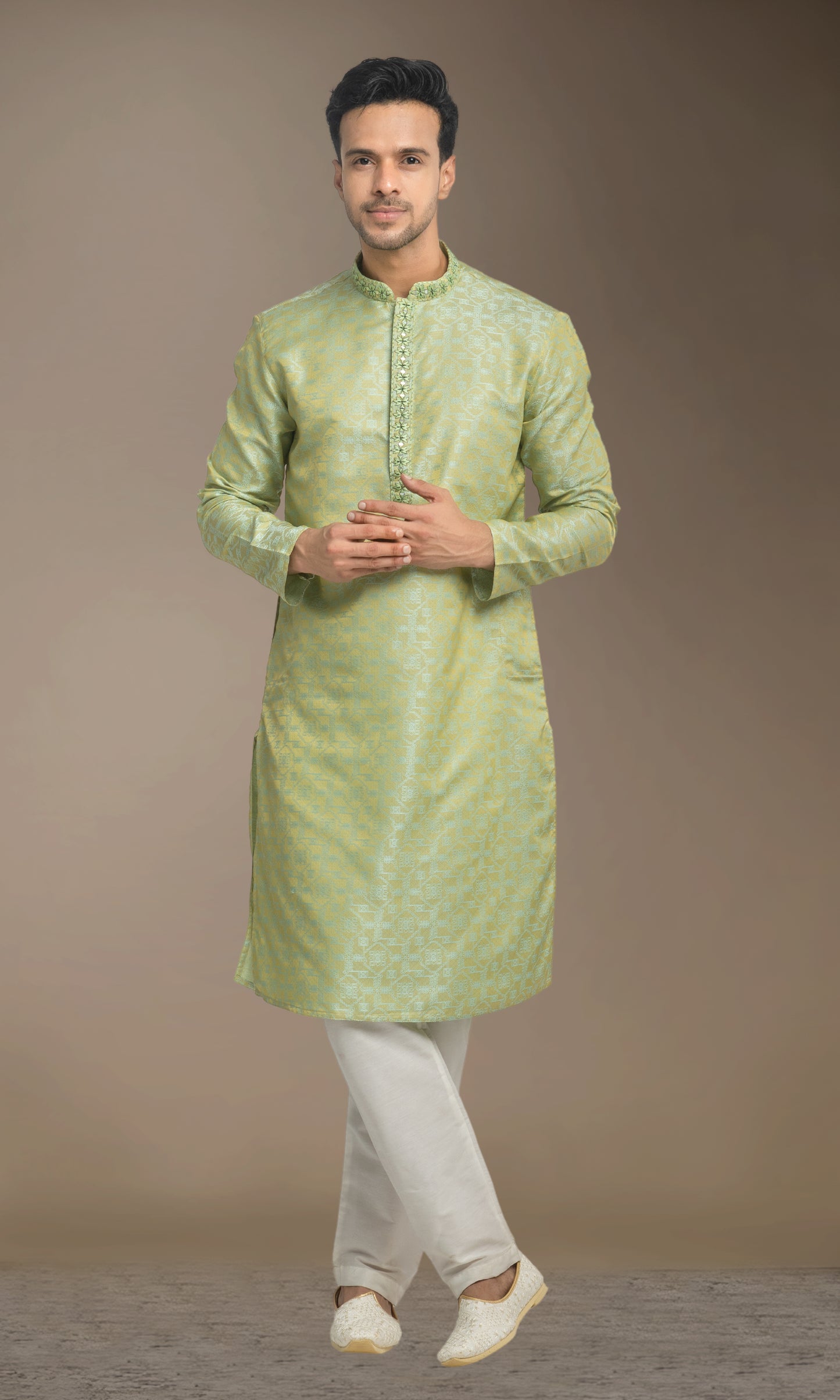 PISTACHIO MEDALLION WEIVED KURTA WITH MIRRIORED THREADWORK EMBRIODERY