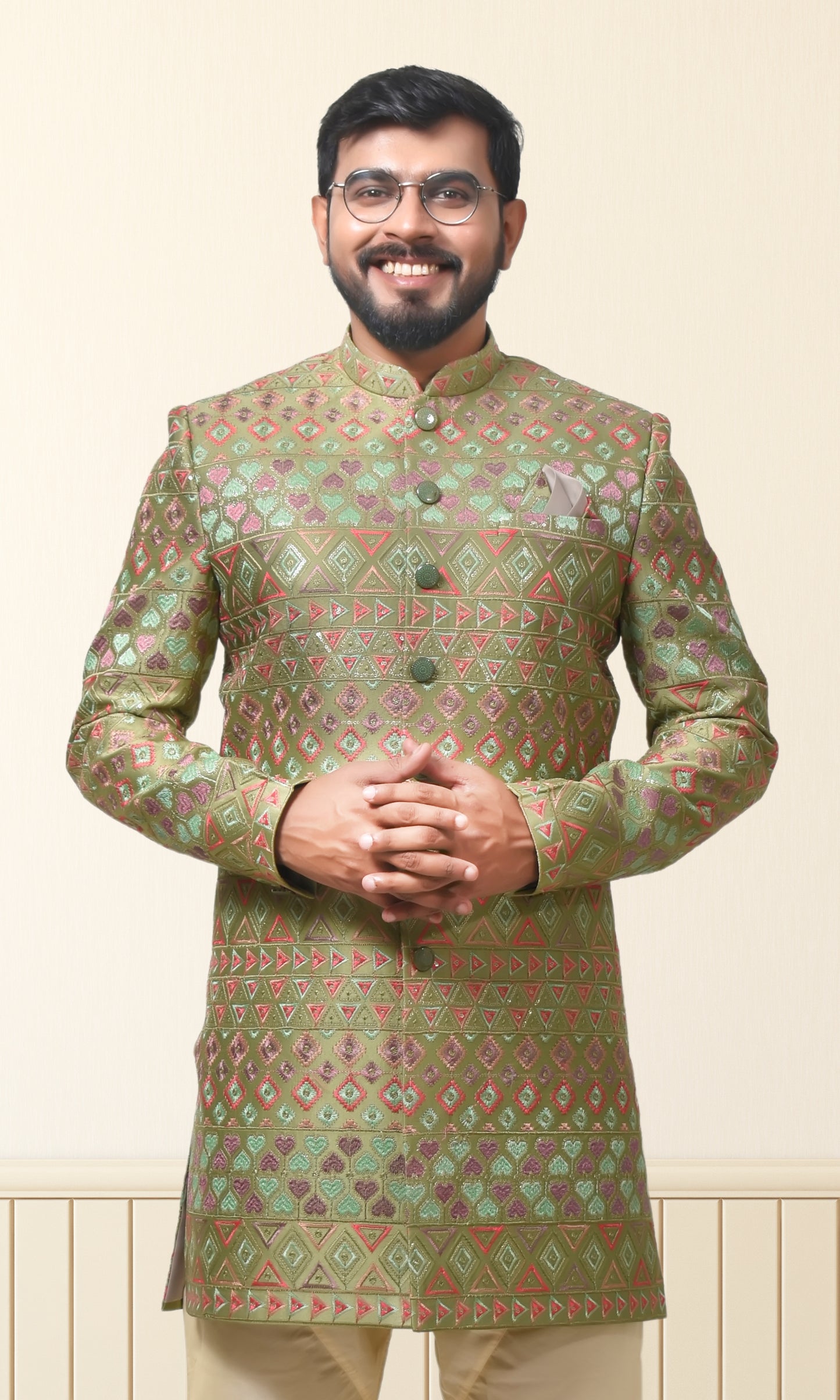 Emerald Multicoloured Majesty Indo-Western with Intricate Thread Symphony