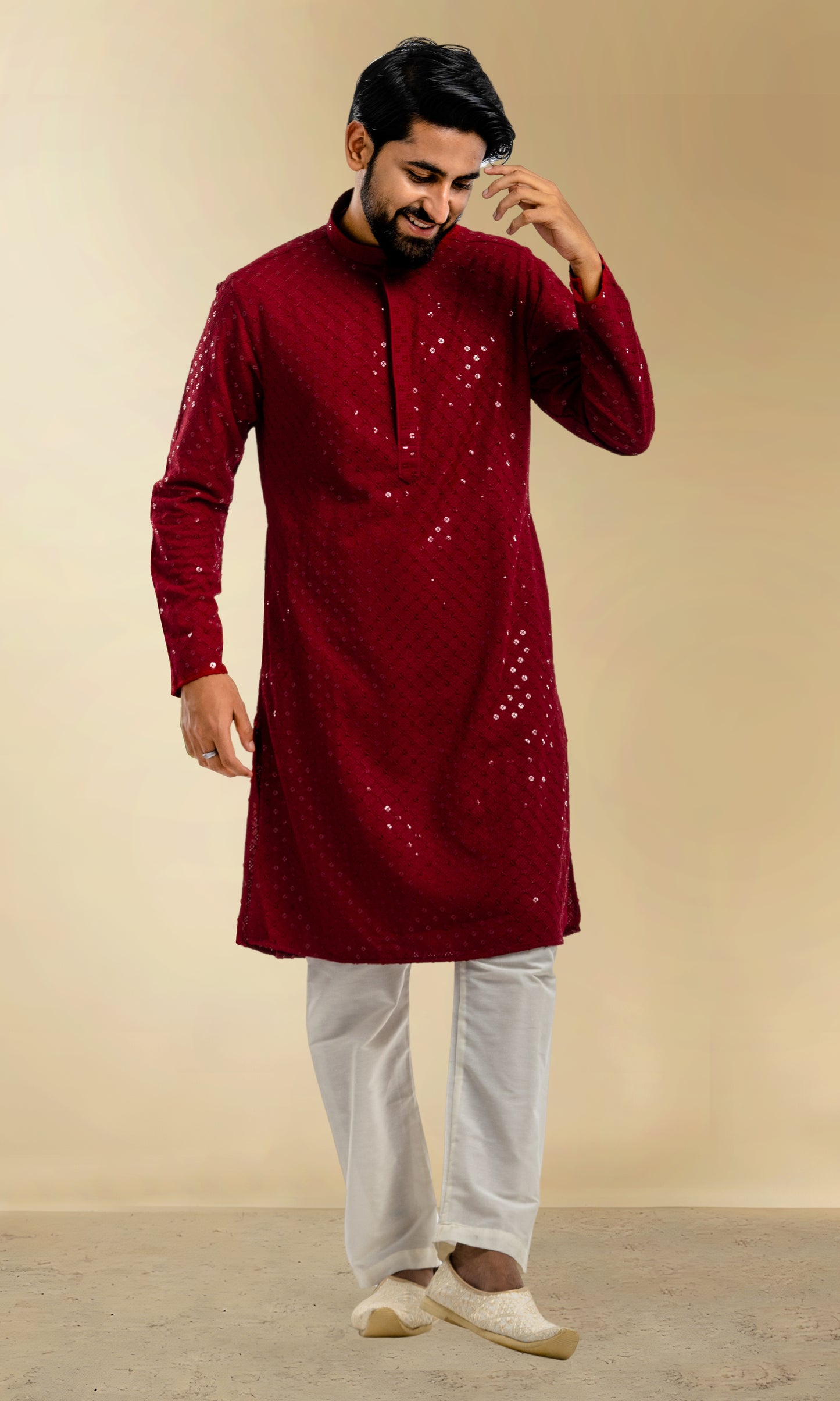 MAROON SEQUIN EMBELLISHED CHIKANKARI KURTA