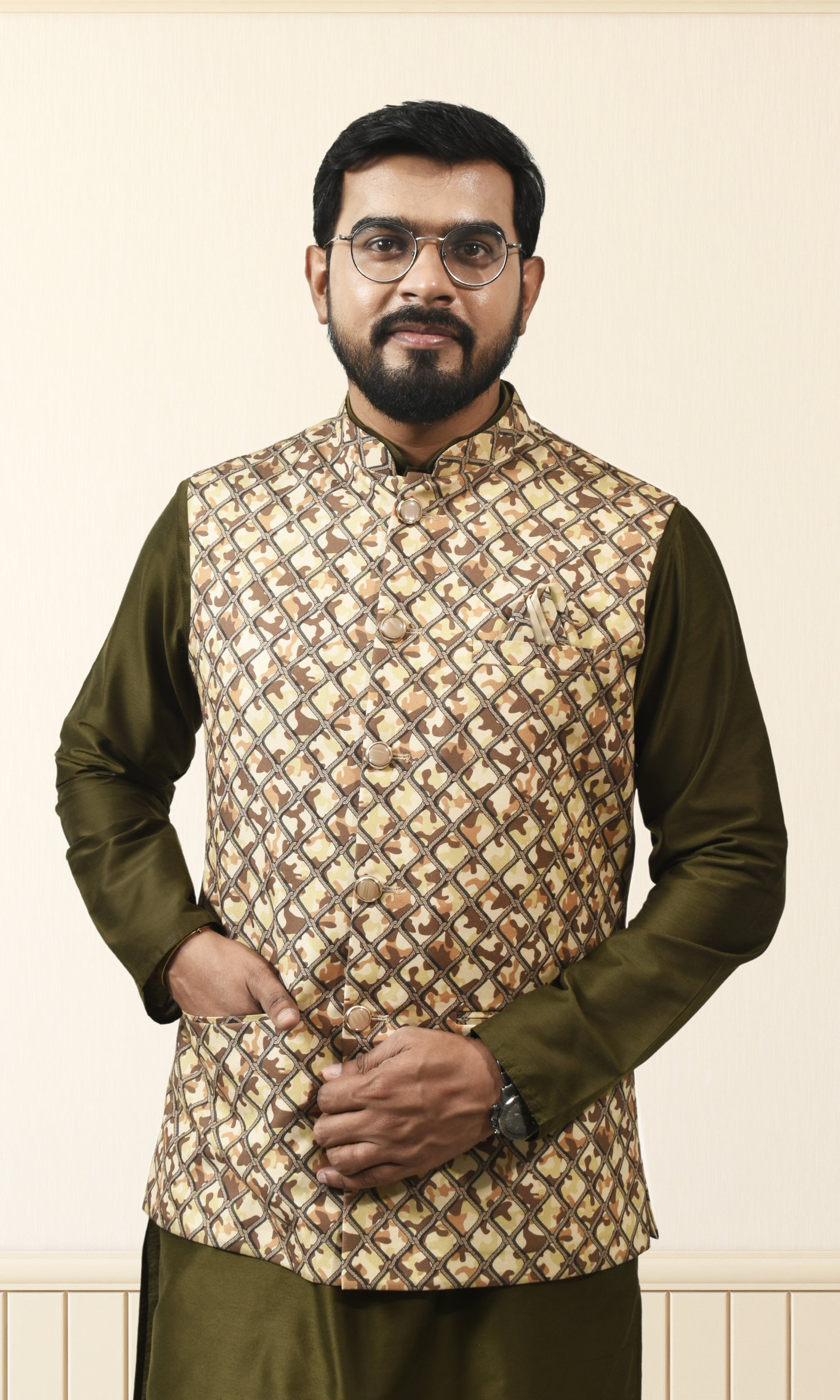 Earthy Camouflage Safari Jacket with Royal Grid Printed Jacket