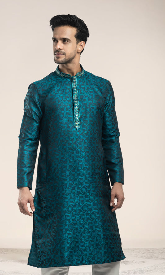 FOREST BLUE MEDALLION WEIVED KURTA WITH MIRRIORED THREADWORK EMBRIODERY