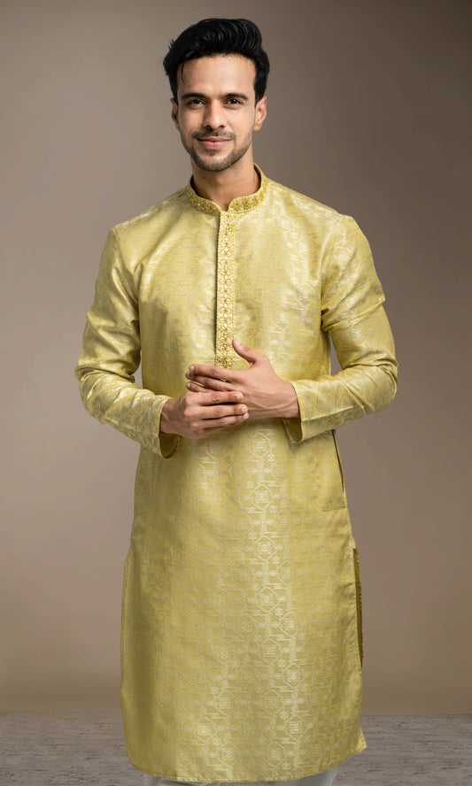 SULPHUR SPRING GREEN MEDALLION WEIVED KURTA WITH MIRRIORED THREADWORK EMBRIODERY