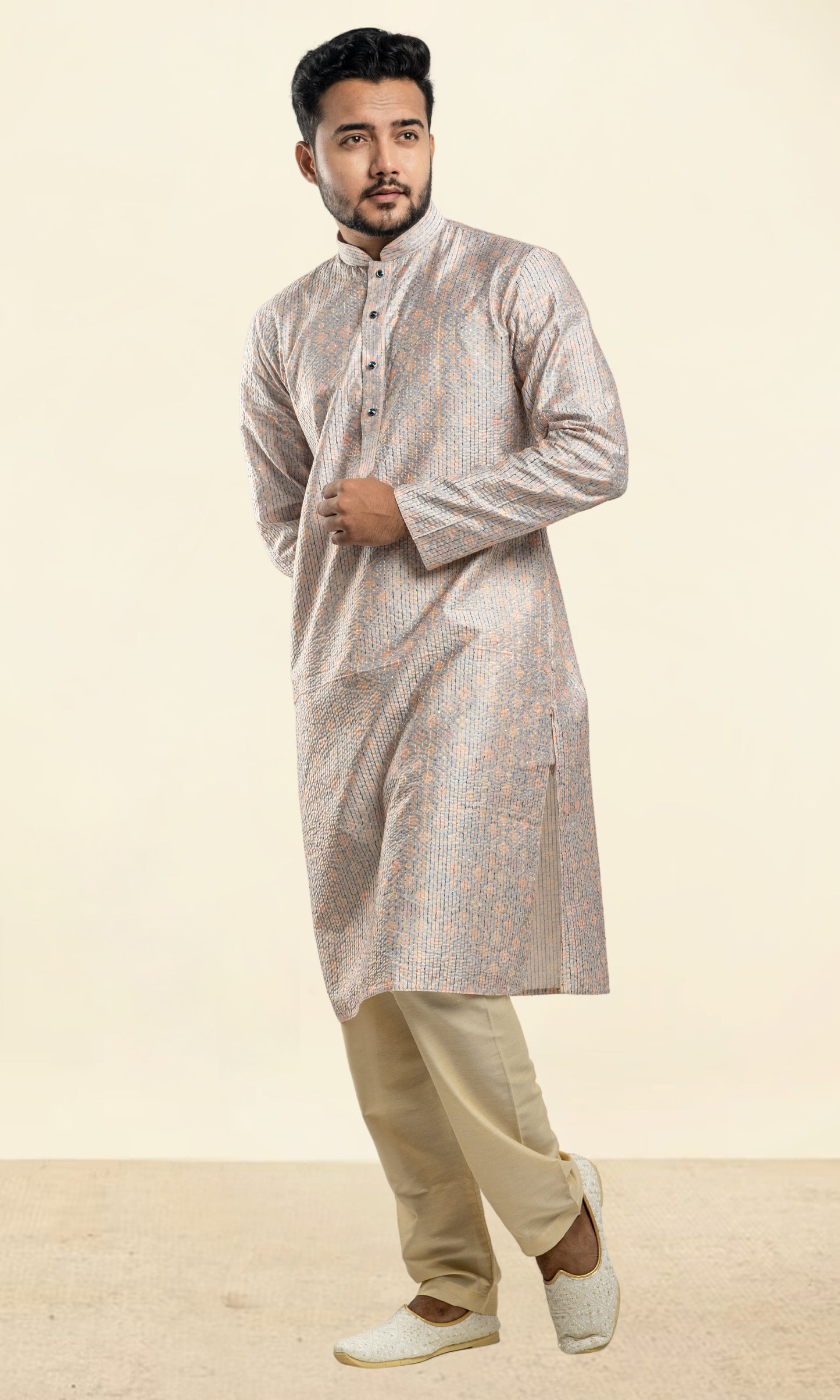 FADED FAWN MULTI COLOURED FLORAL PRINT KURTA WITH SEQIUNED THREADWORK