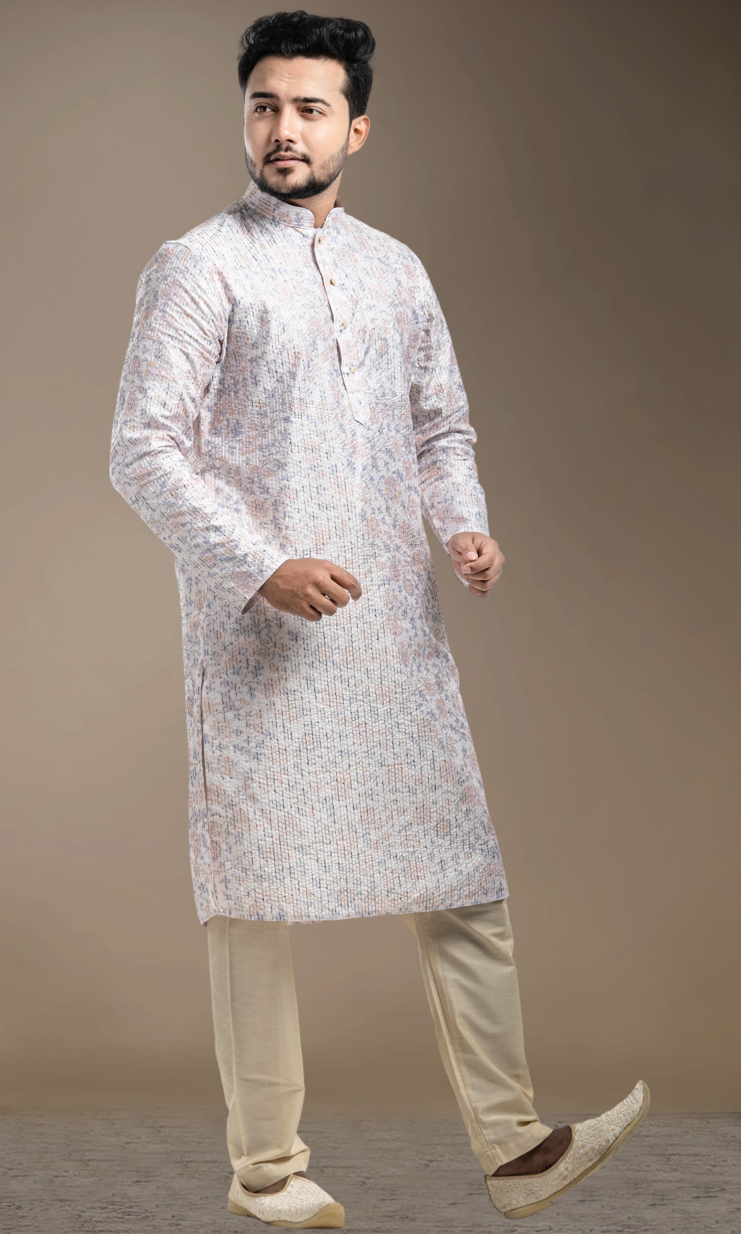 FADED CREAM MULTI COLOURED FLORAL PRINT KURTA WITH SEQIUNED THREADWORK