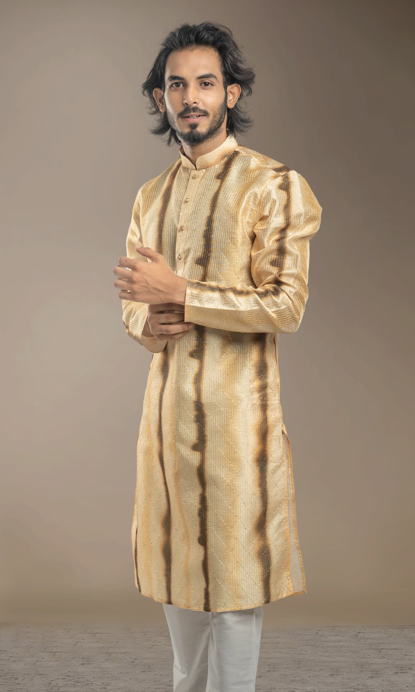 SHADED HALDI WITH CINNAMON YELLOW OMBRE INSPIRED PRINT KURTA WITH SEQIUNED THREADWORK