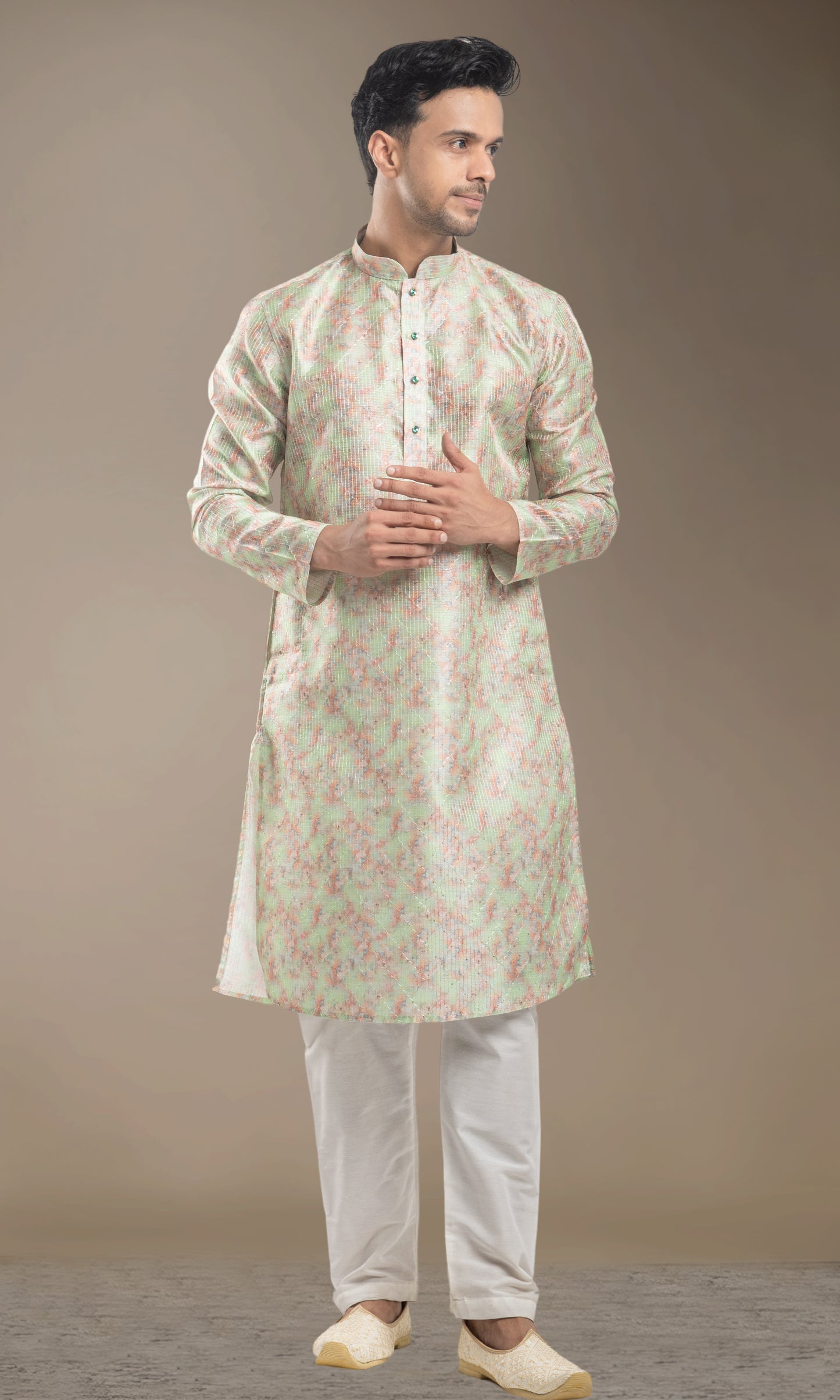 SEA GREEN WITH MULTI COLOUED ABSTRACT PRINT KURTA WITH SEQIUNED THREADWORK