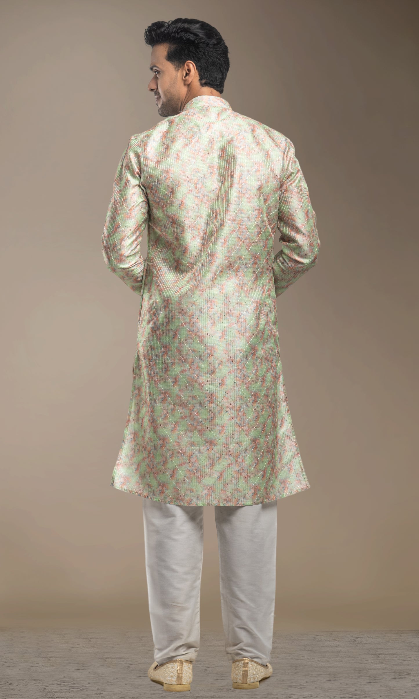 SEA GREEN WITH MULTI COLOUED ABSTRACT PRINT KURTA WITH SEQIUNED THREADWORK