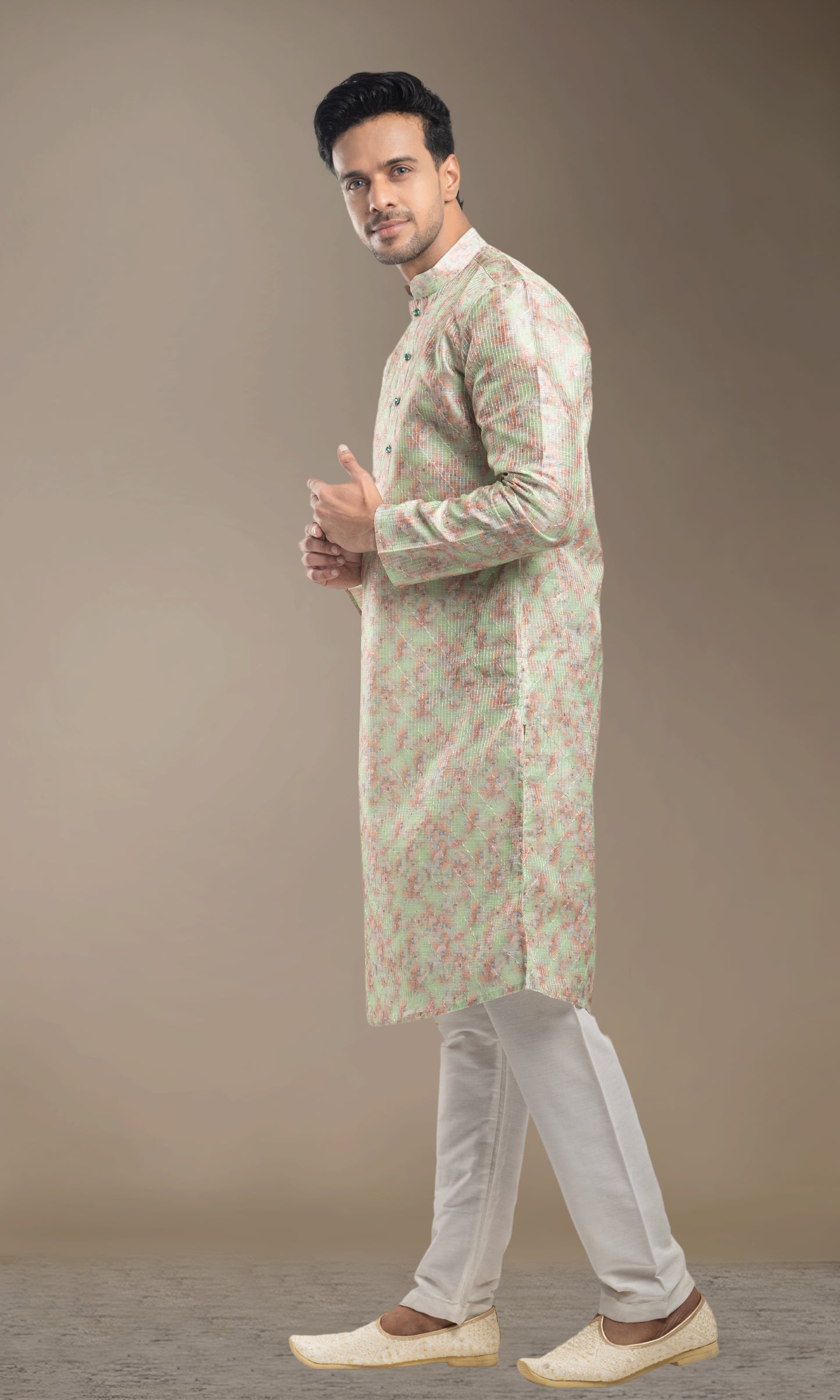 SEA GREEN WITH MULTI COLOUED ABSTRACT PRINT KURTA WITH SEQIUNED THREADWORK