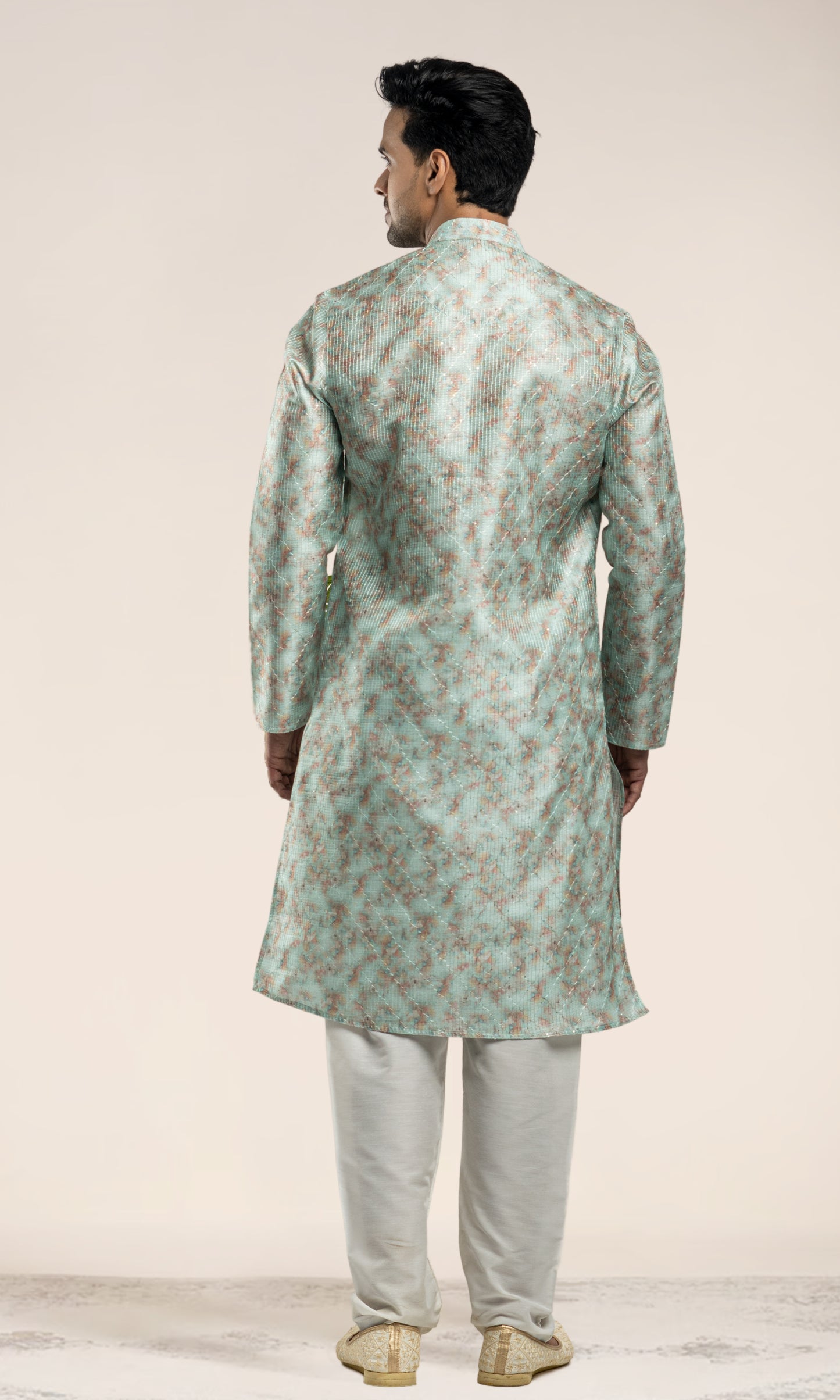 AQUAMARINE BLUE WITH MULTI COLOUED ABSTRACT PRINT KURTA WITH SEQIUNED THREADWORK