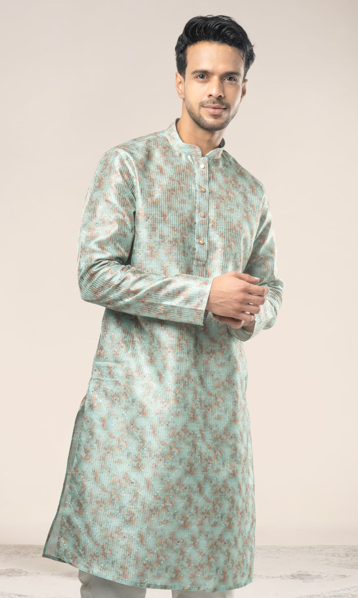 AQUAMARINE BLUE WITH MULTI COLOUED ABSTRACT PRINT KURTA WITH SEQIUNED THREADWORK