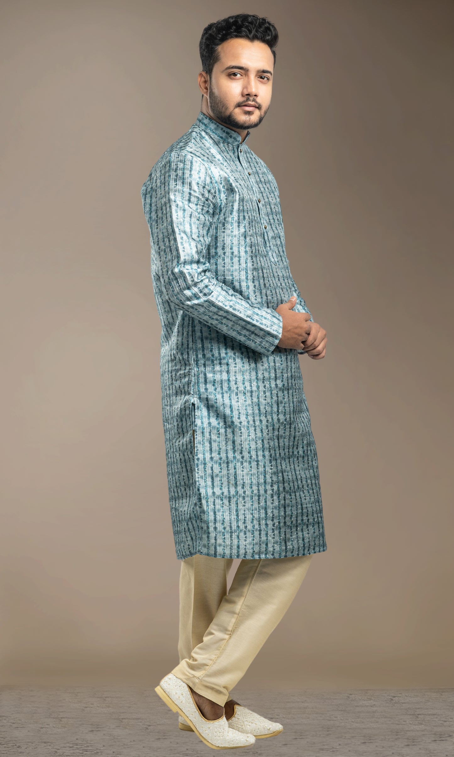 CLEARSPRING GREEN HARLEQUIN PRINT KURTA WITH SEQIUNED THREADWORK