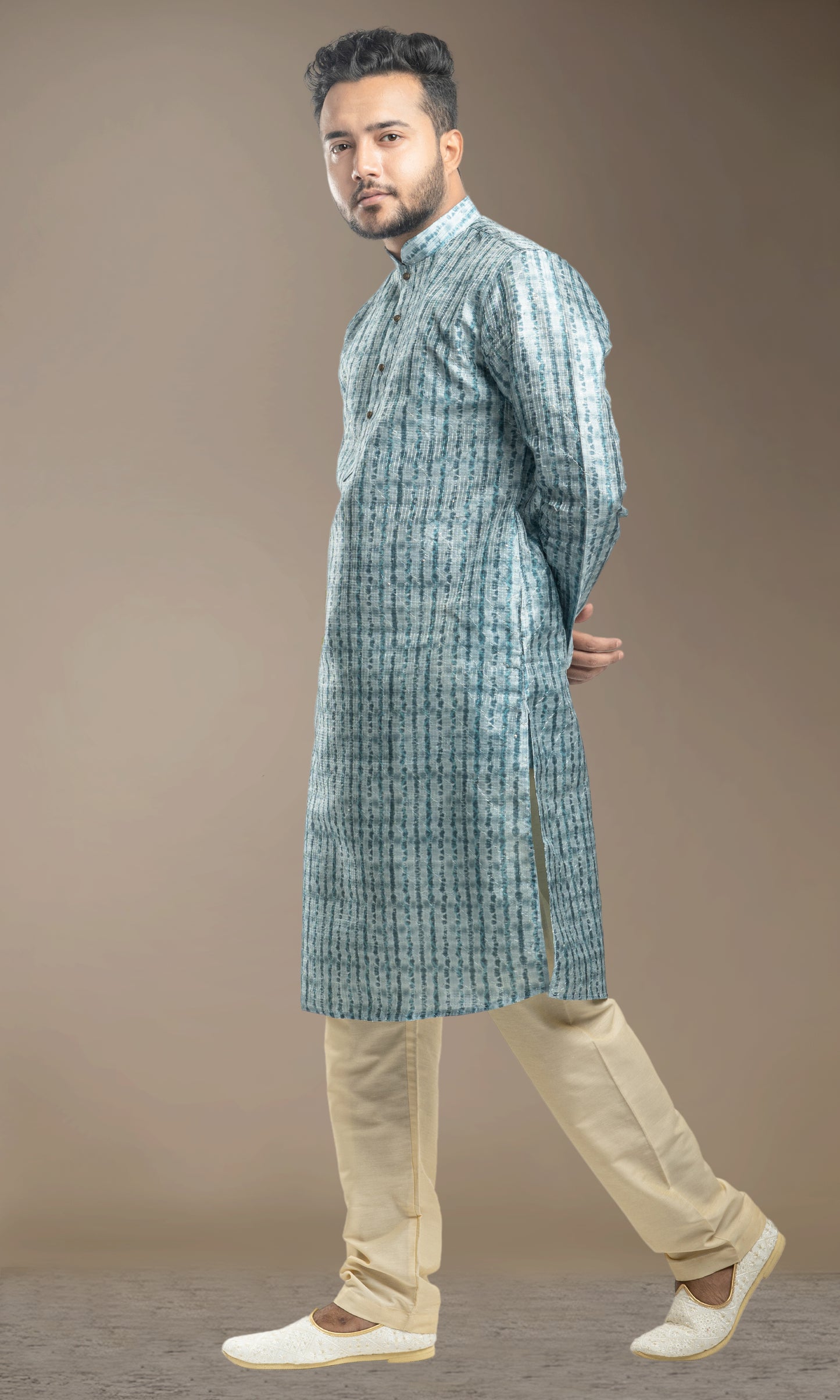 CLEARSPRING GREEN HARLEQUIN PRINT KURTA WITH SEQIUNED THREADWORK