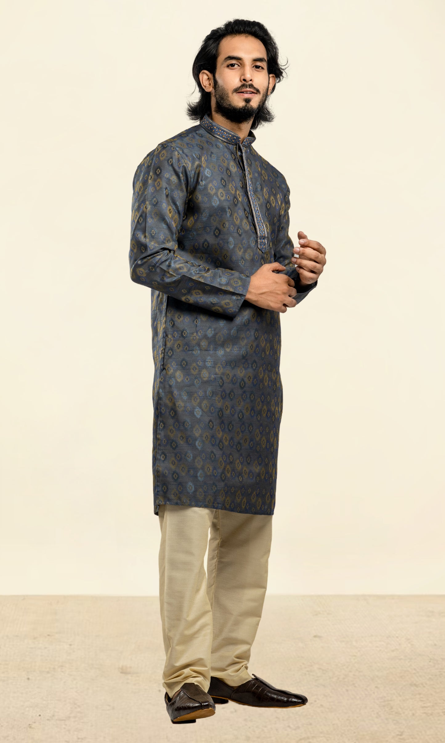 SPACE BLUE WEAVED ETHNIC MOTIFS KURTA WITH THREAD WORK EMBRIODERY