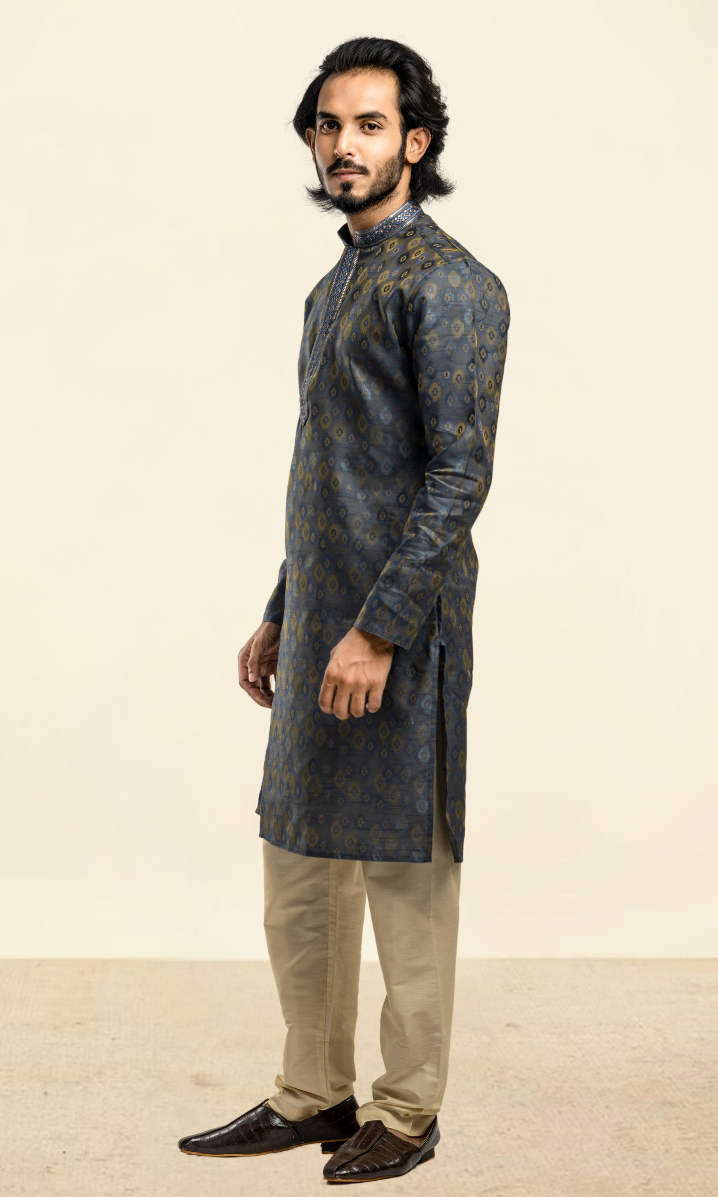 SPACE BLUE WEAVED ETHNIC MOTIFS KURTA WITH THREAD WORK EMBRIODERY