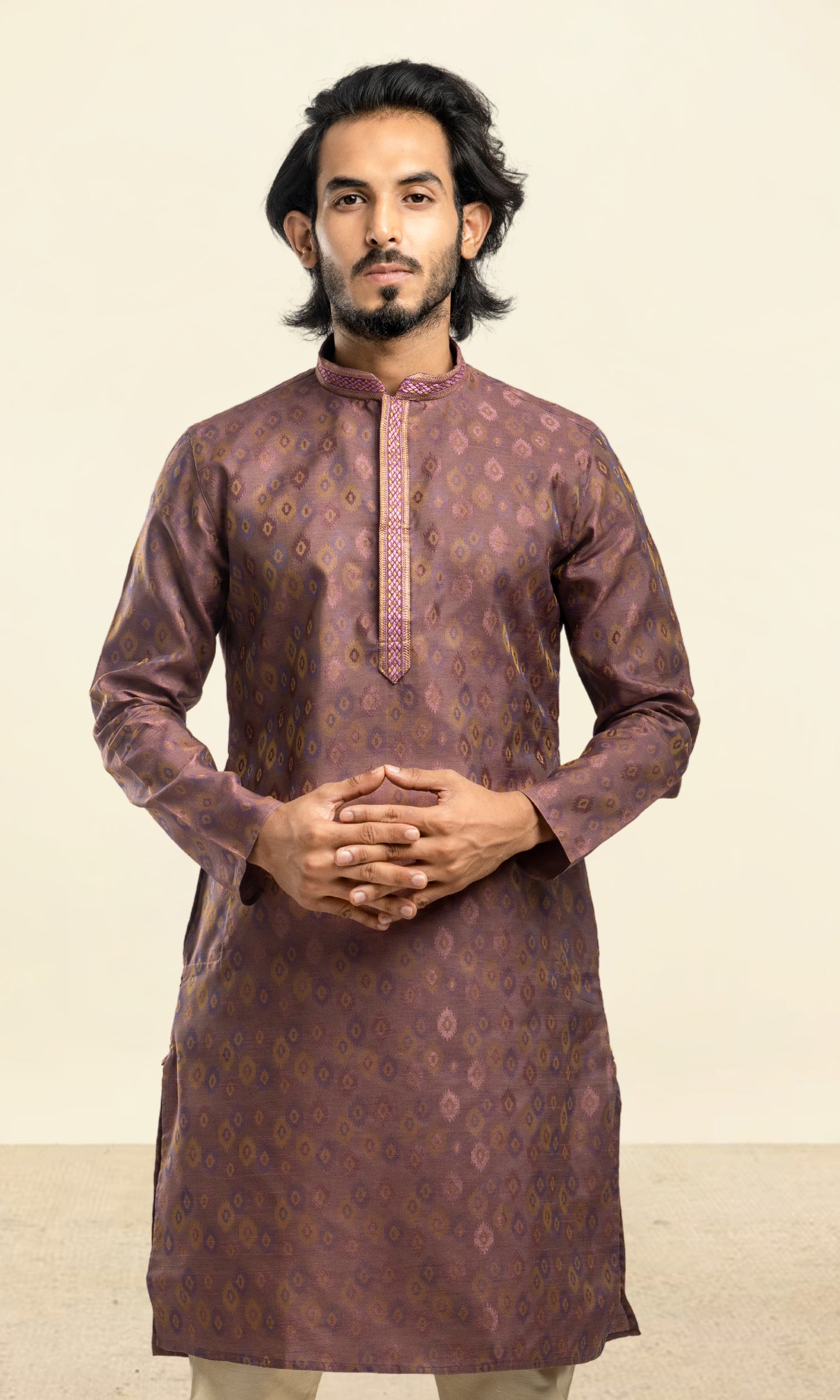 MULBERRY PURPLE WEAVED ETHNIC MOTIFS KURTA WITH THREAD WORK EMBRIODERY