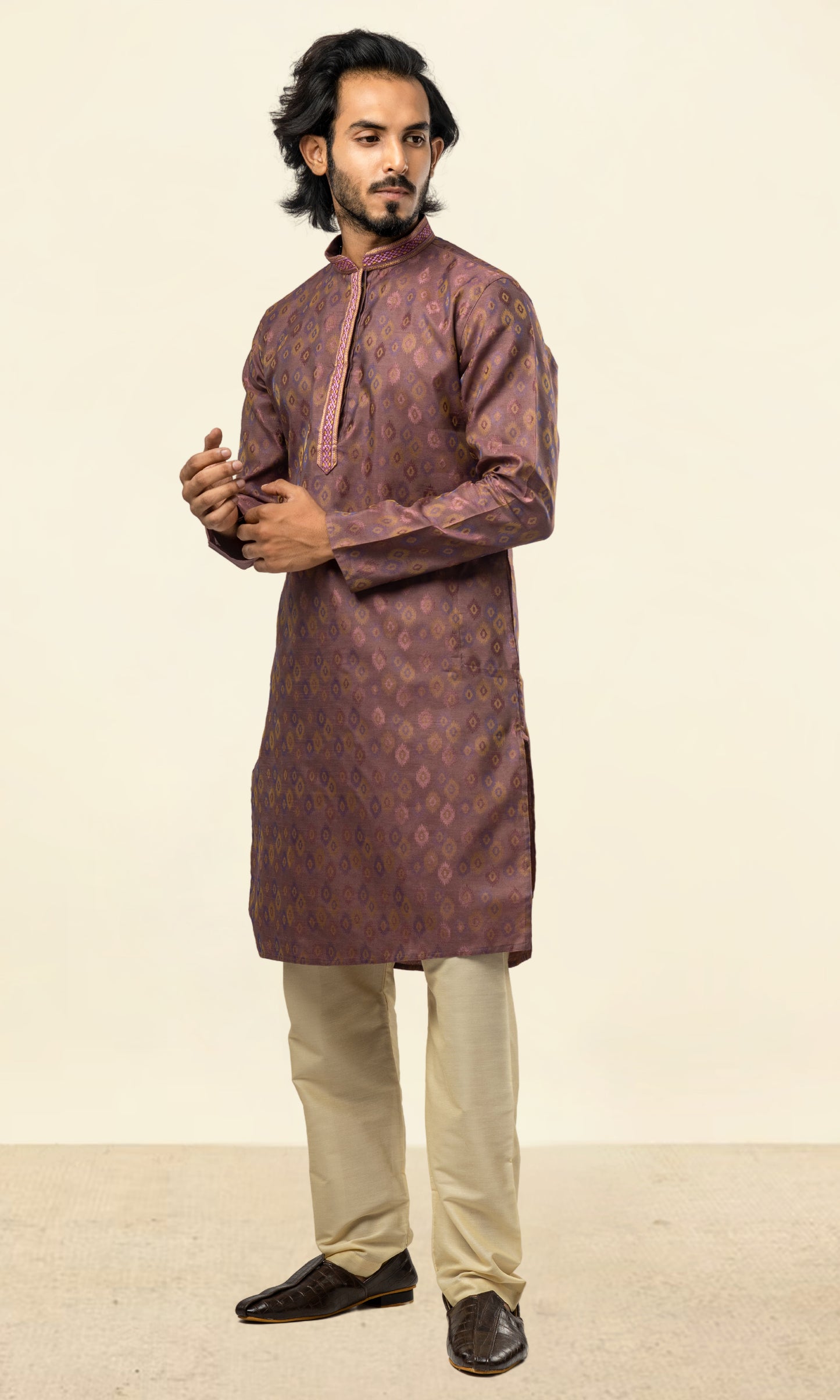 MULBERRY PURPLE WEAVED ETHNIC MOTIFS KURTA WITH THREAD WORK EMBRIODERY