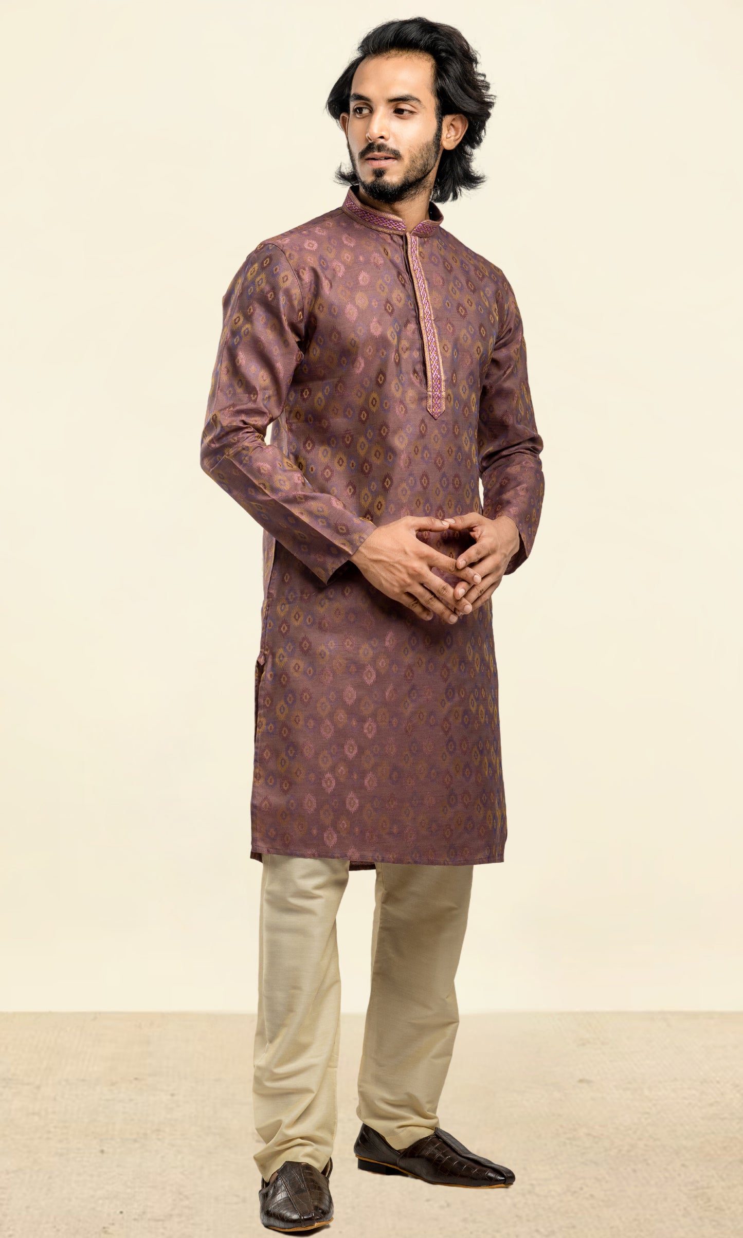 MULBERRY PURPLE WEAVED ETHNIC MOTIFS KURTA WITH THREAD WORK EMBRIODERY