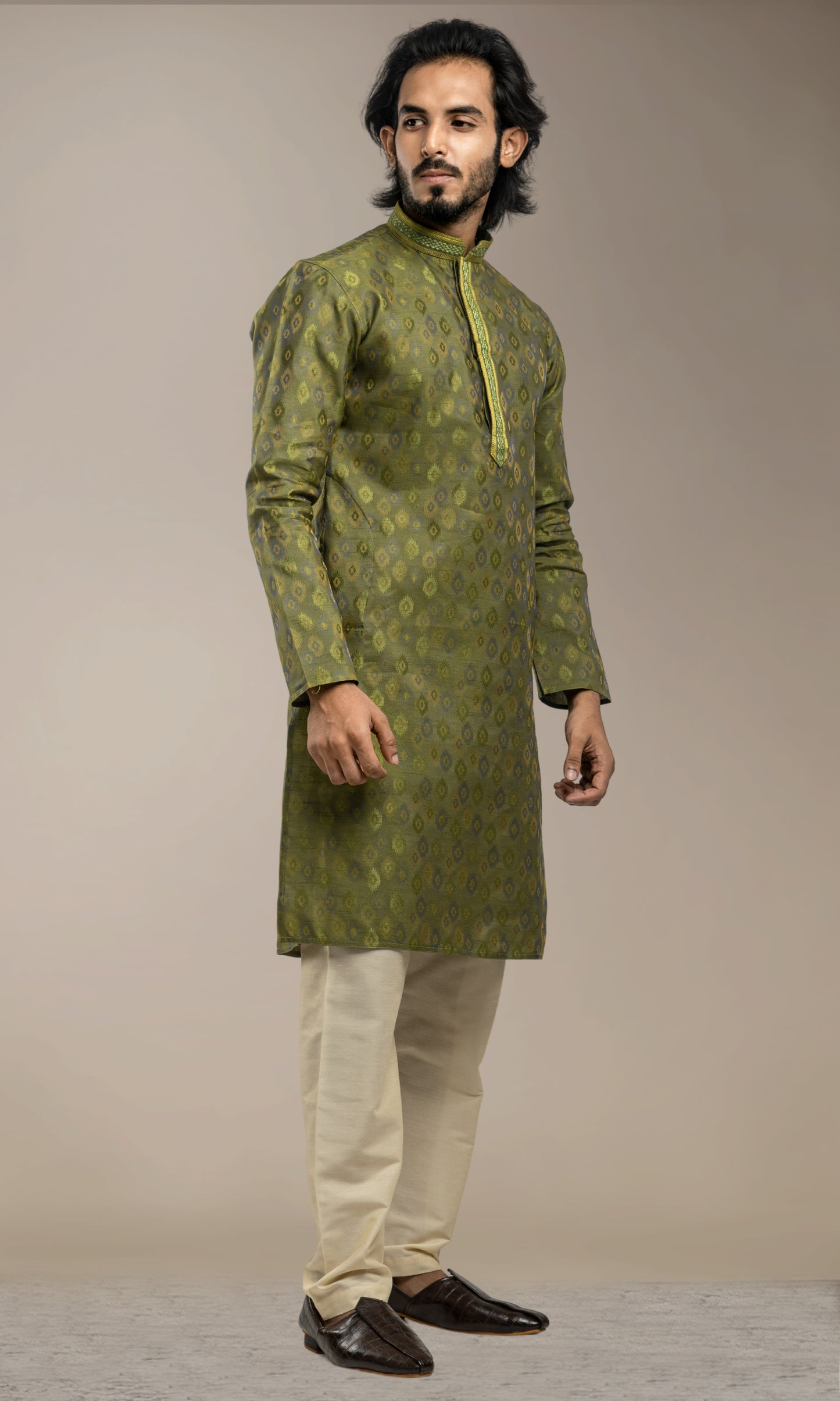 JUNIPER GREEN WEAVED ETHNIC MOTIFS KURTA WITH THREAD WORK EMBRIODERY