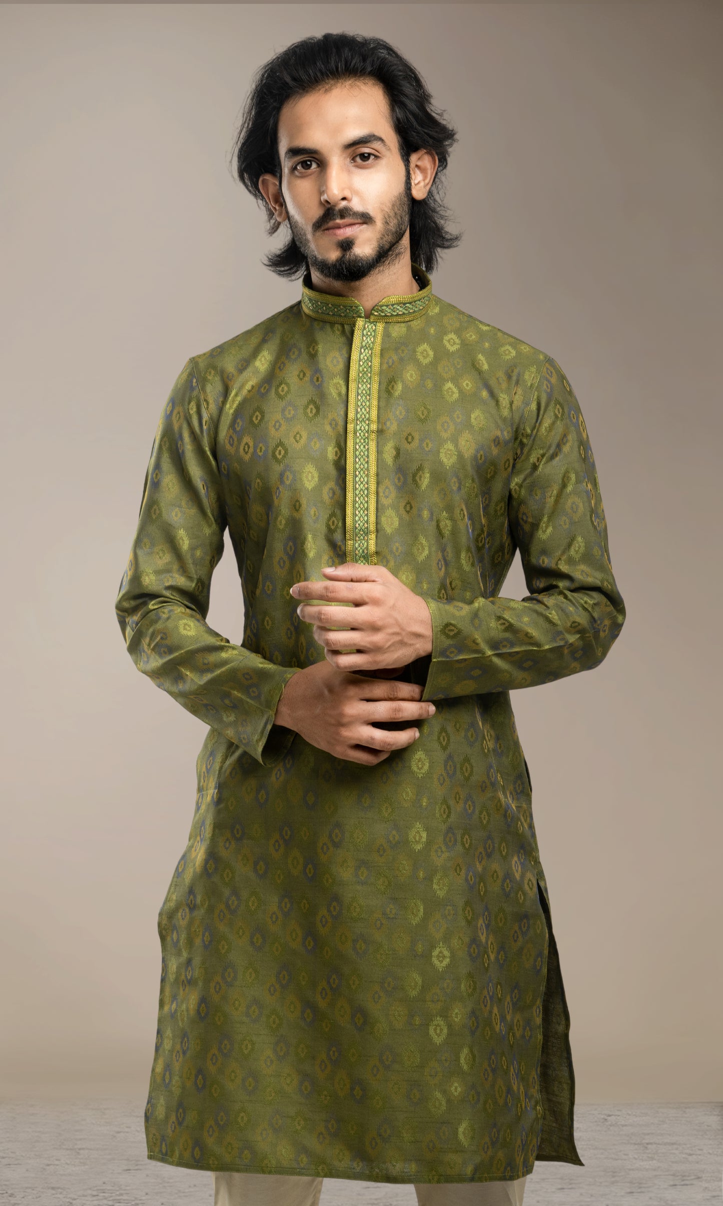 JUNIPER GREEN WEAVED ETHNIC MOTIFS KURTA WITH THREAD WORK EMBRIODERY