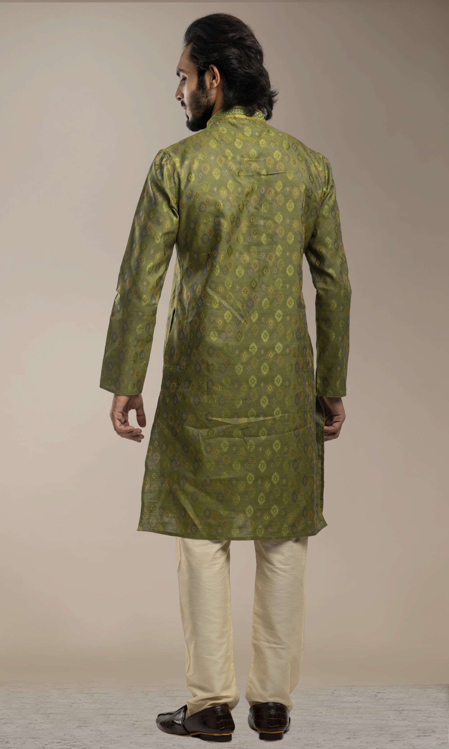 JUNIPER GREEN WEAVED ETHNIC MOTIFS KURTA WITH THREAD WORK EMBRIODERY