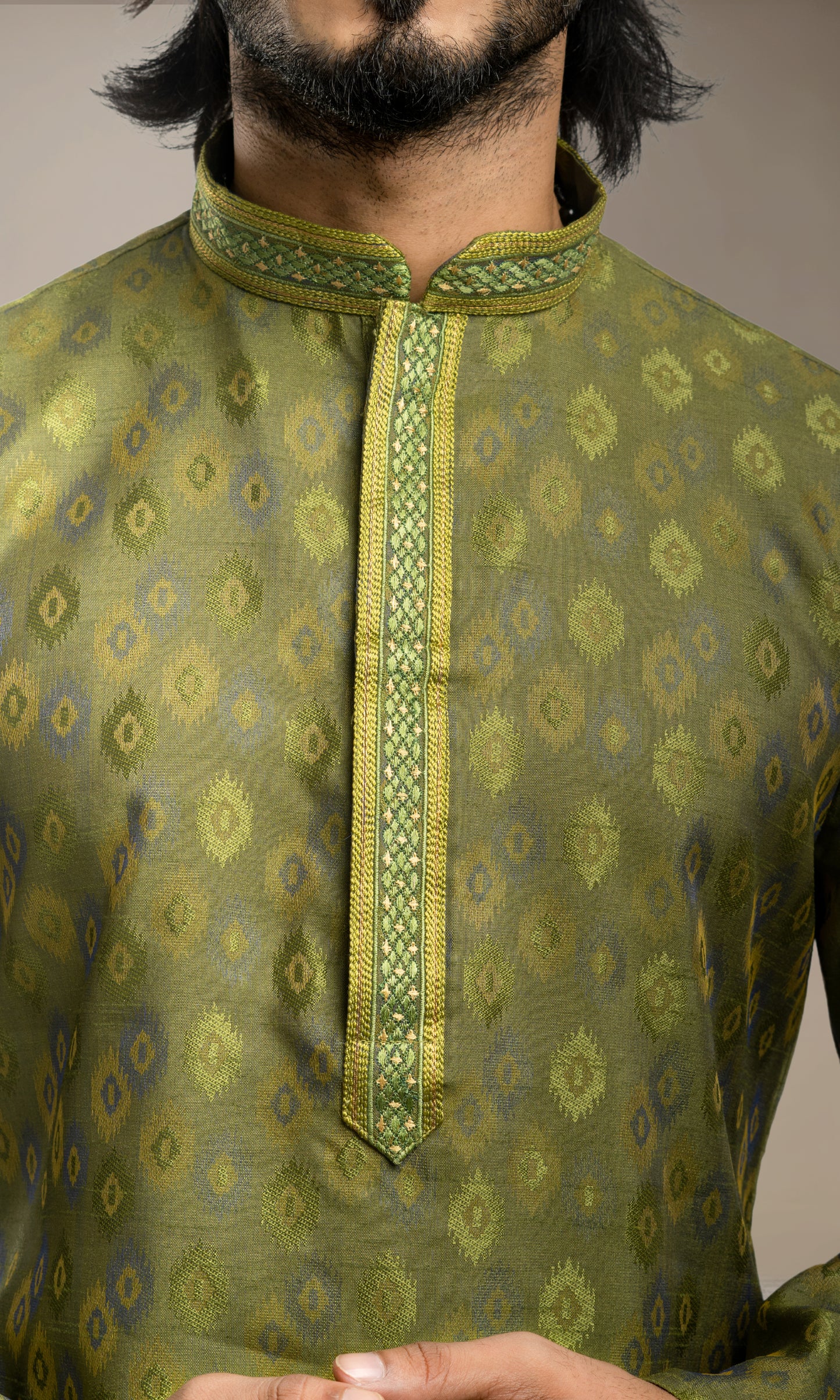 JUNIPER GREEN WEAVED ETHNIC MOTIFS KURTA WITH THREAD WORK EMBRIODERY