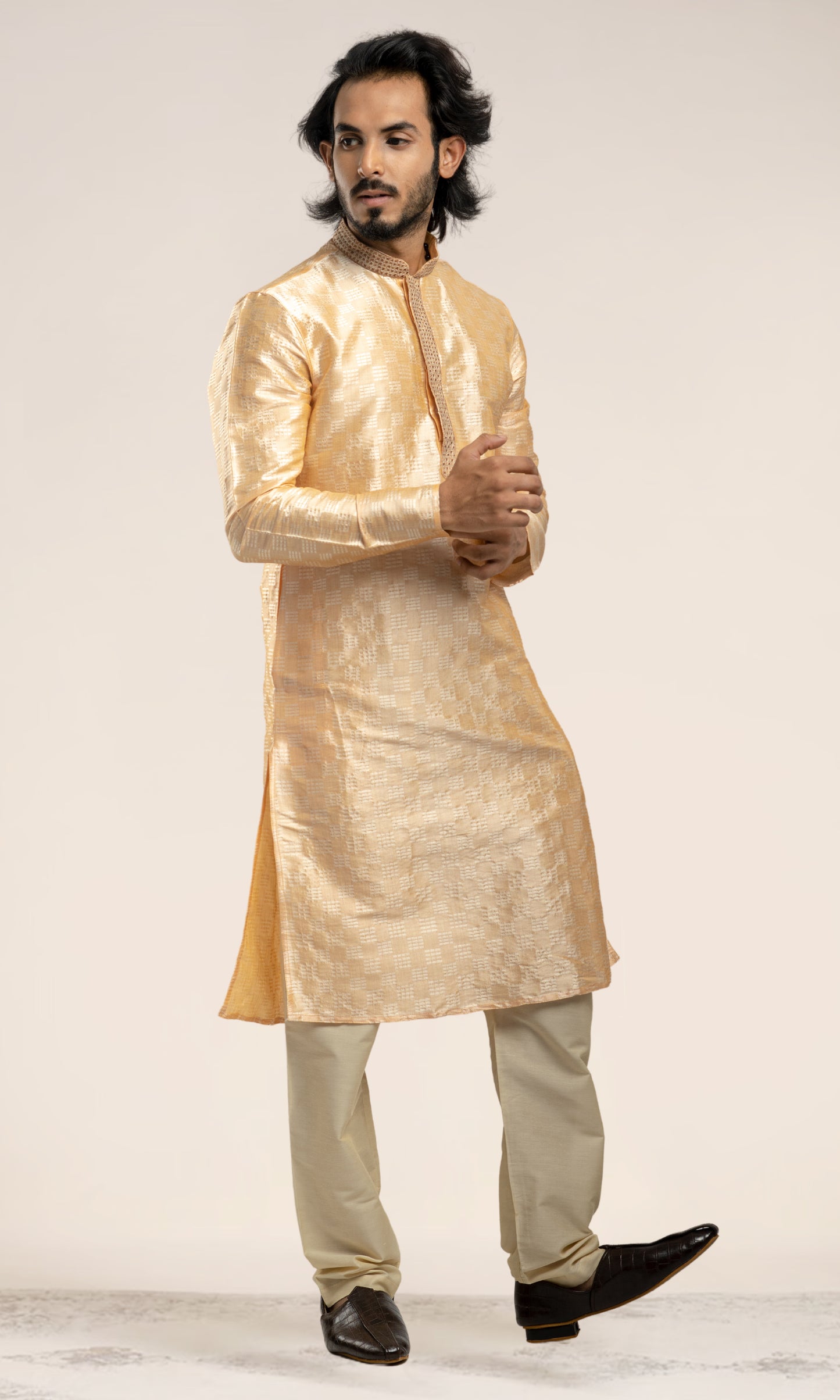 SELF BUTTA MOTIFS WITH EMBROIDERY DETAIL ELGENT KURTA