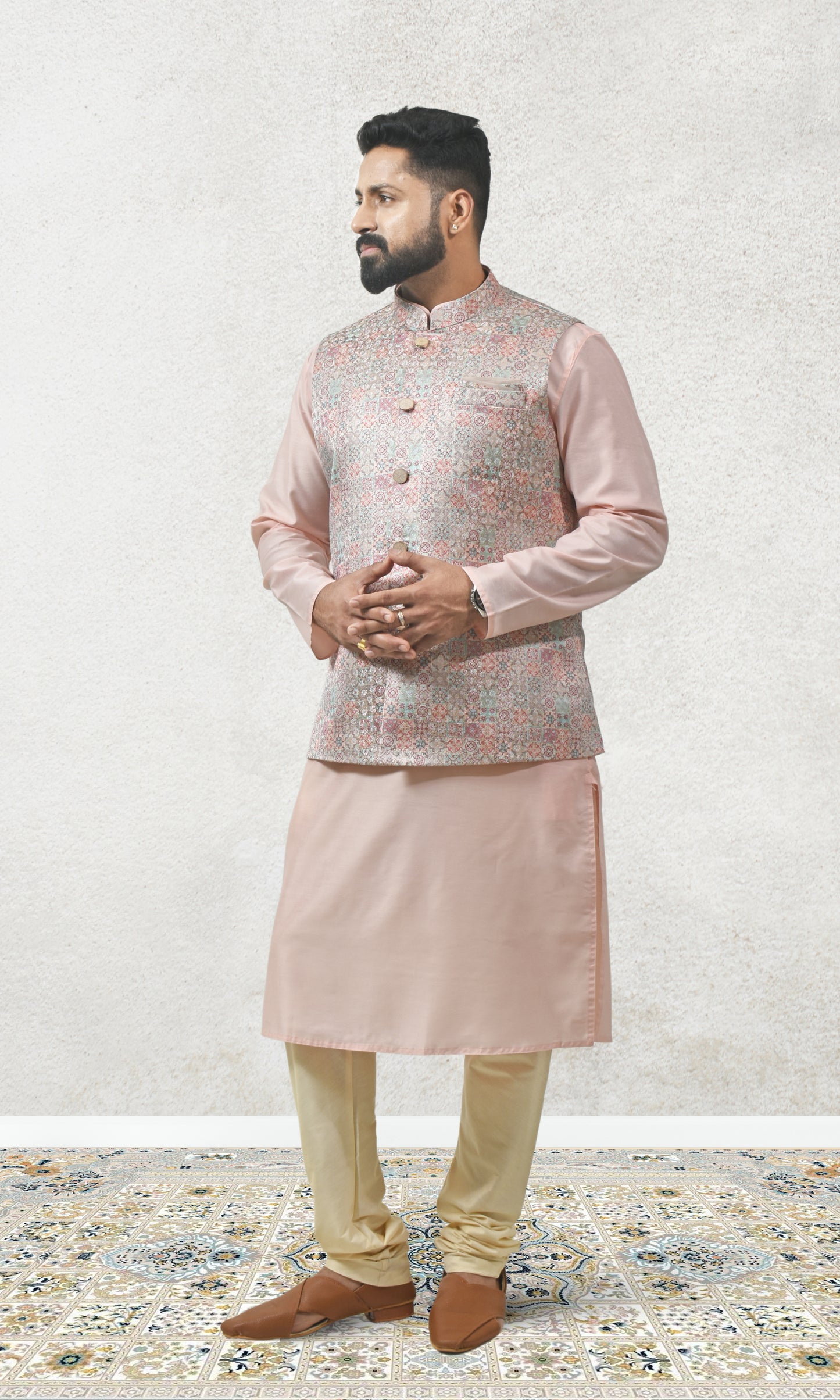 Multicoloured Pastel Medallion Weaved Jacket with Enchanted Brocade