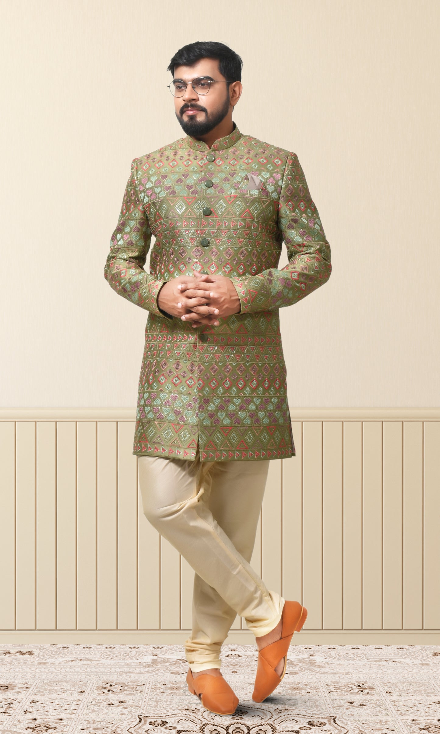 Emerald Multicoloured Majesty Indo-Western with Intricate Thread Symphony