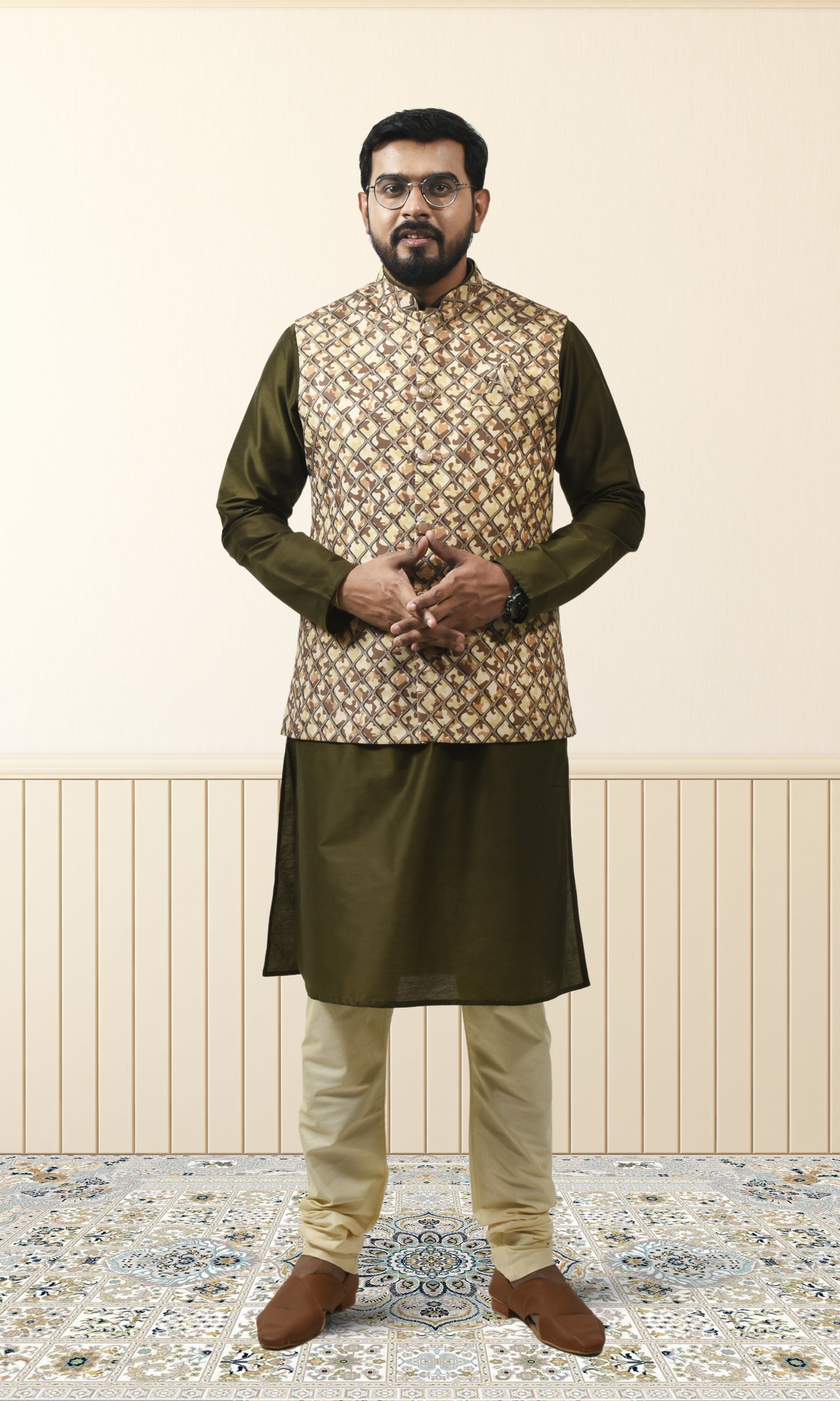 Earthy Camouflage Safari Jacket with Royal Grid Printed Jacket