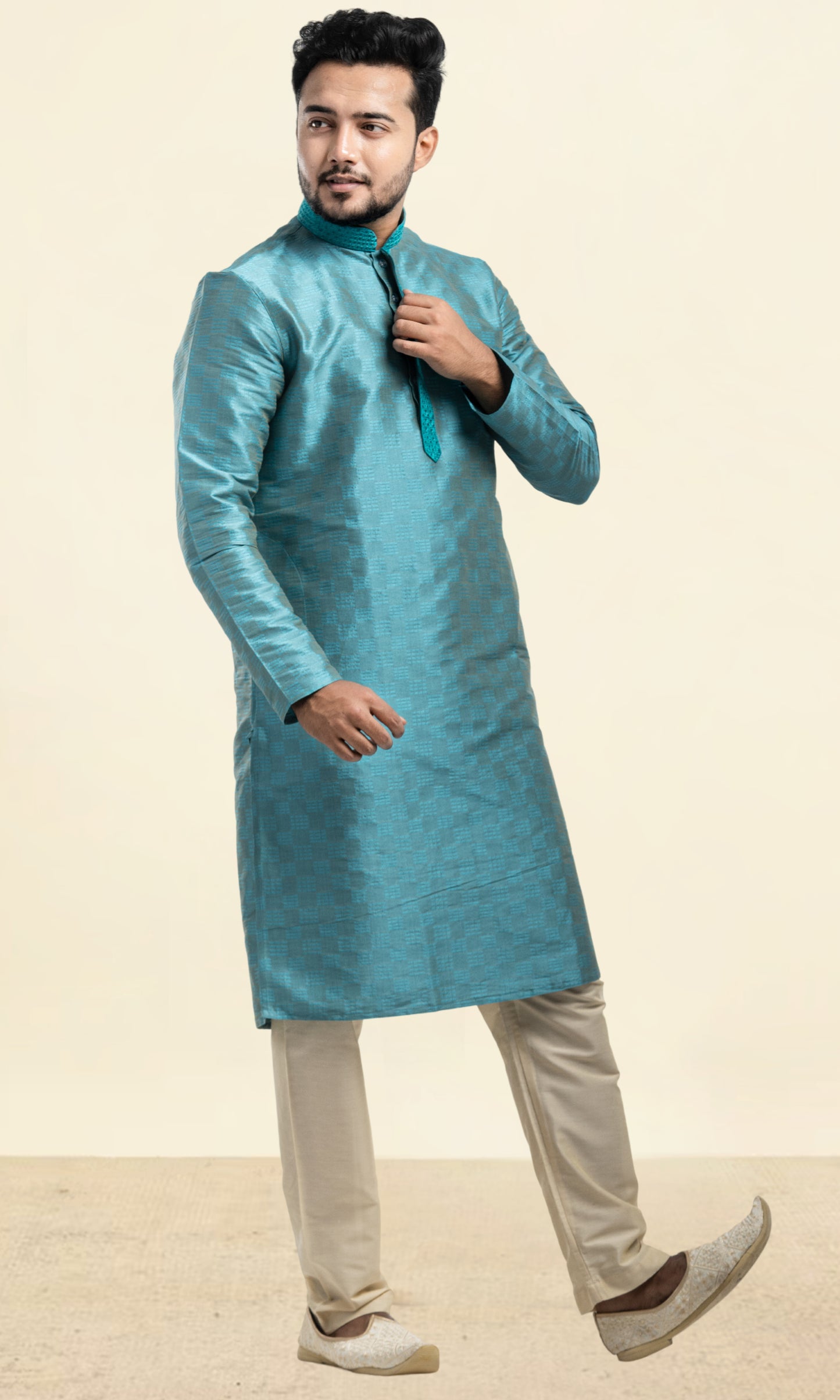 DEEP TURQUOISE WEAVED ETHNIC MOTIFS KURTA WITH EMBRIODERY