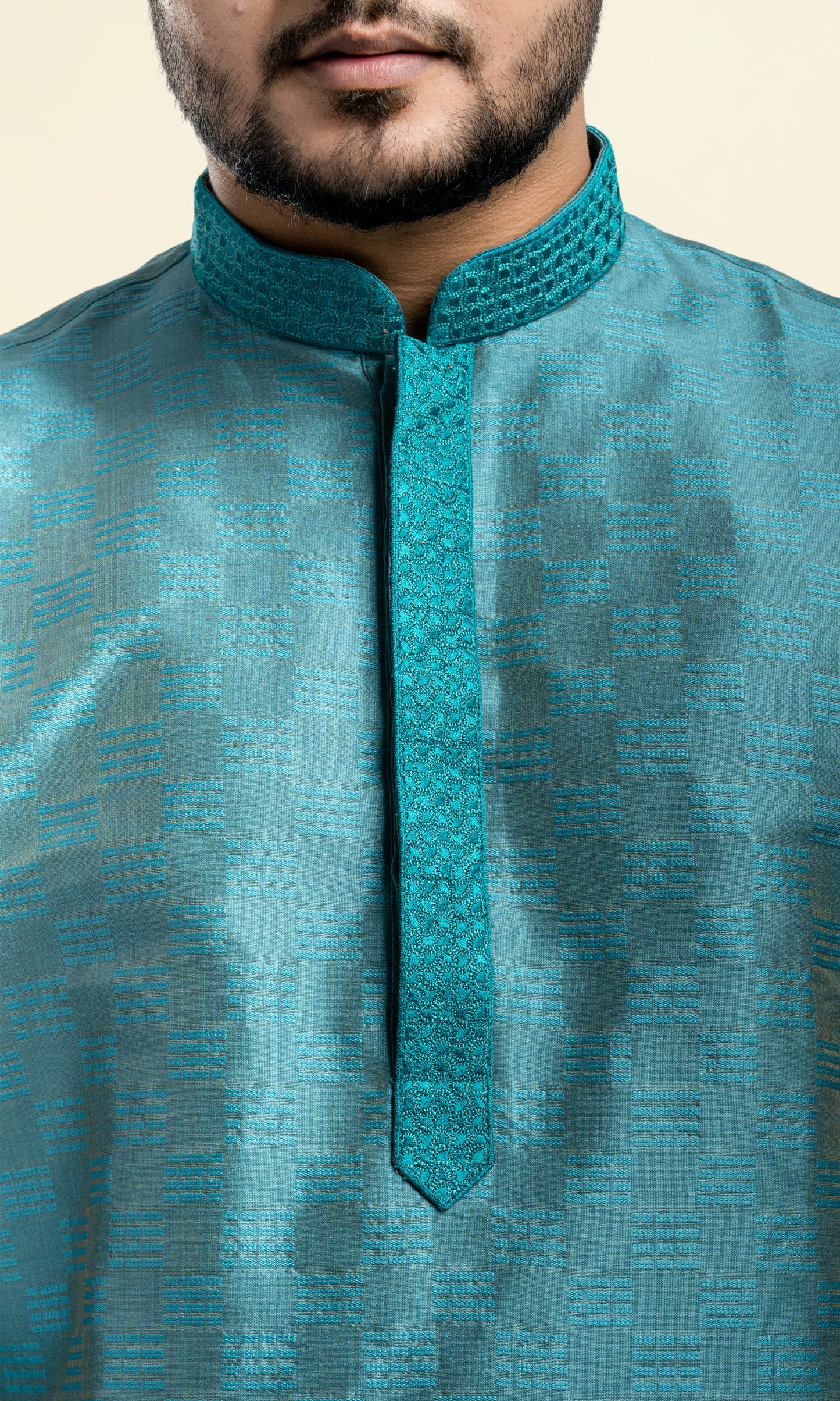 DEEP TURQUOISE WEAVED ETHNIC MOTIFS KURTA WITH EMBRIODERY