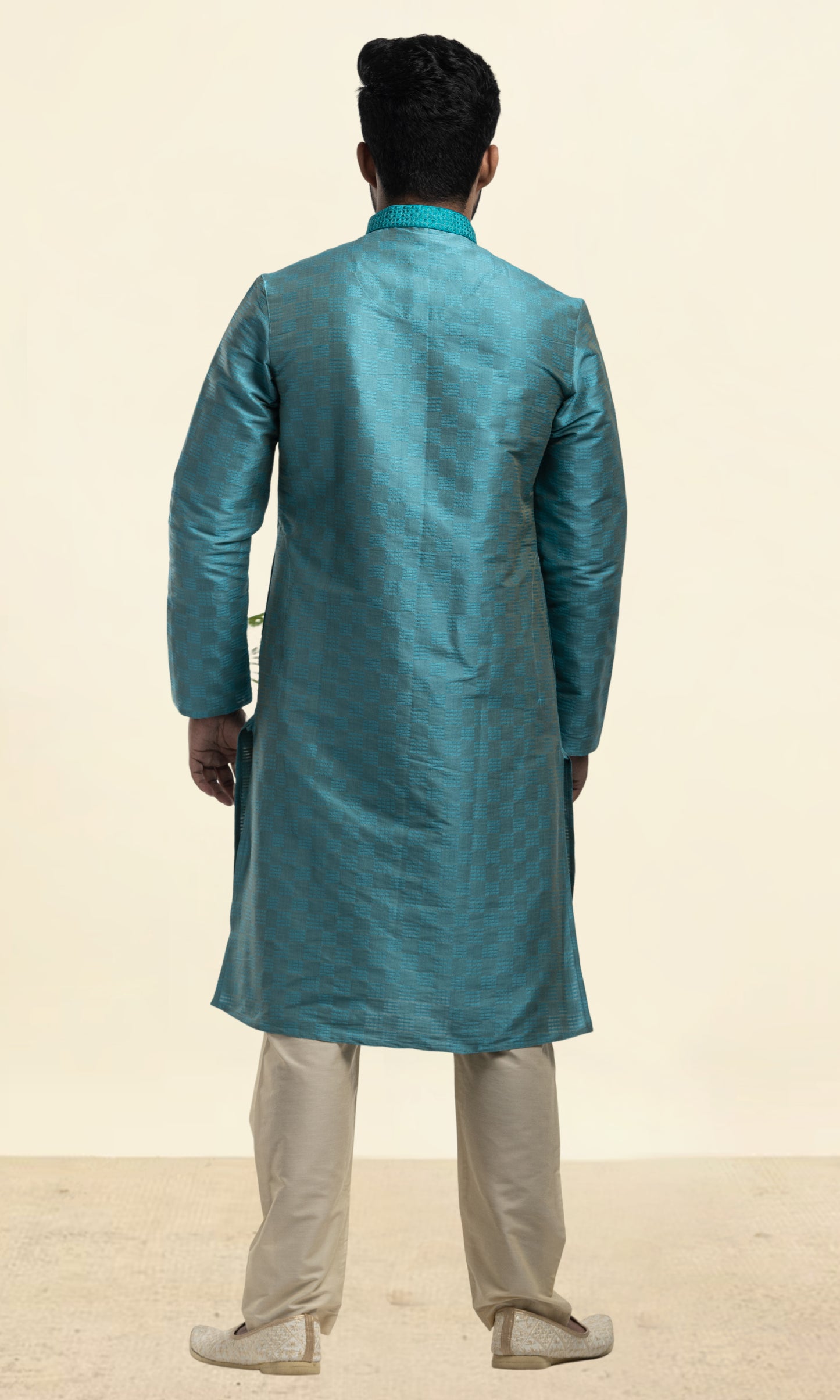 DEEP TURQUOISE WEAVED ETHNIC MOTIFS KURTA WITH EMBRIODERY