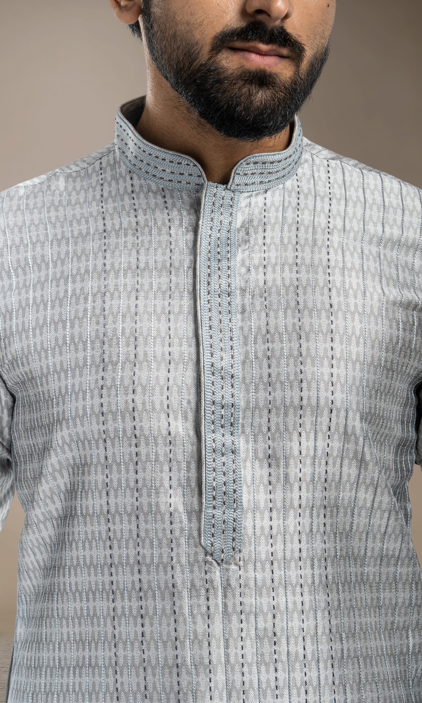 STEEL GREY WEAVED ETHNIC MOTIFS WITH KATHA STITCH KURTA