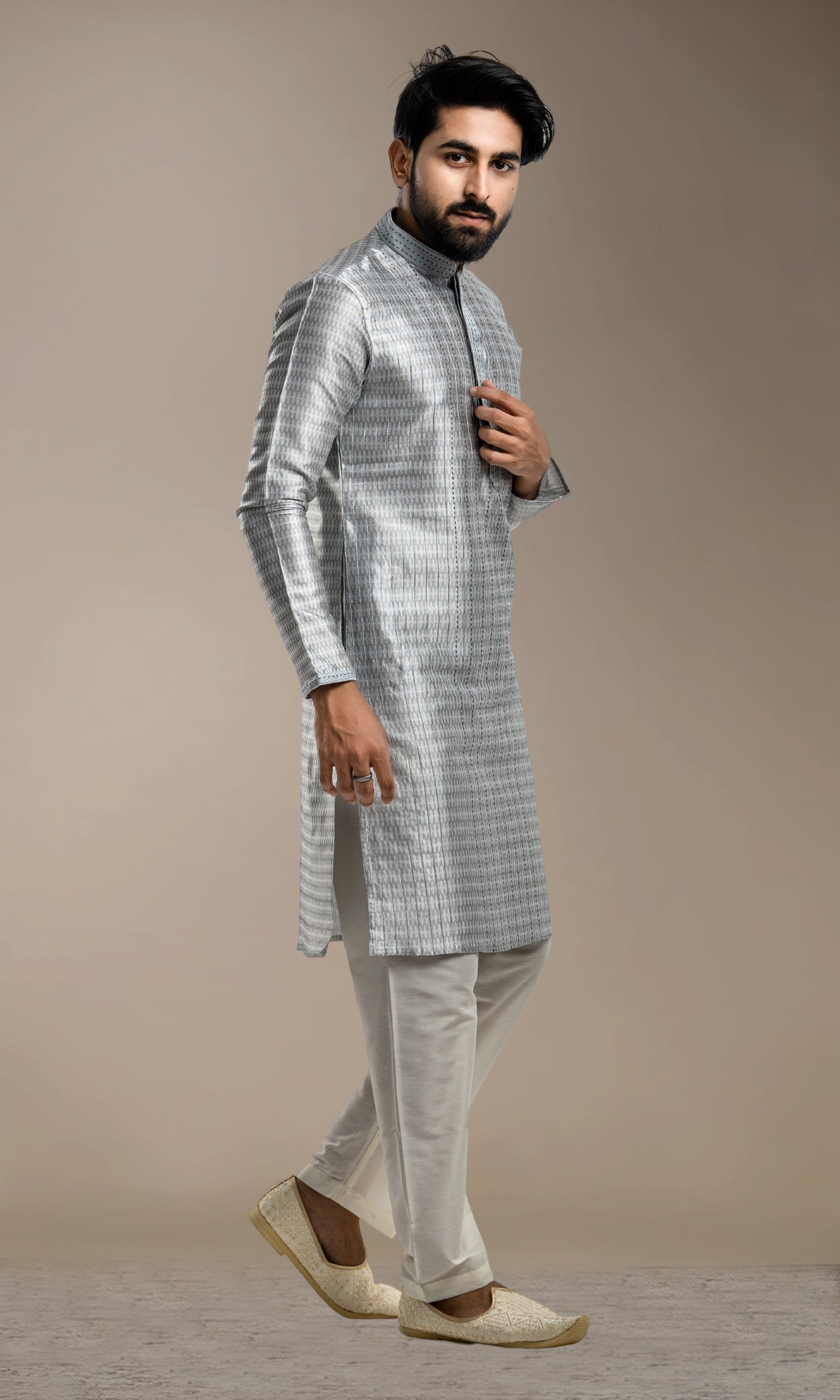 STEEL GREY WEAVED ETHNIC MOTIFS WITH KATHA STITCH KURTA