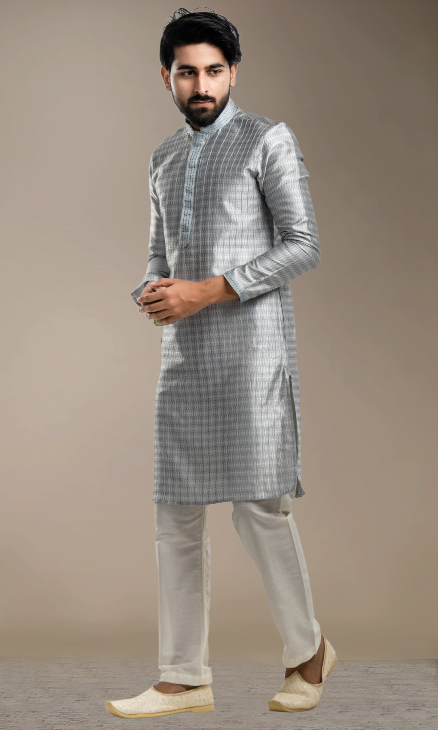 STEEL GREY WEAVED ETHNIC MOTIFS WITH KATHA STITCH KURTA