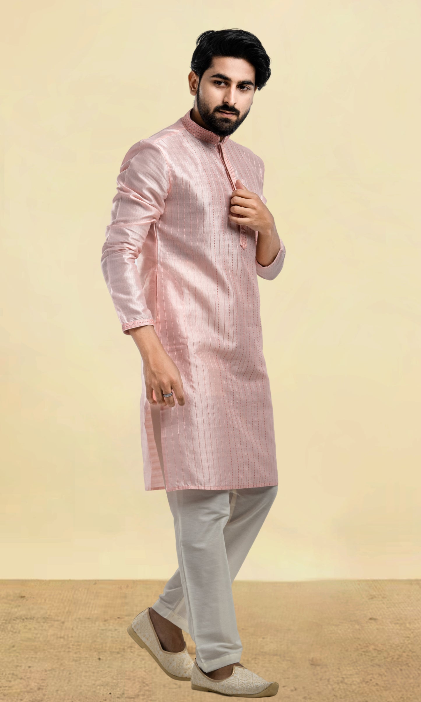 BABY PINK WEAVED ETHNIC MOTIFS WITH KATHA STITCH KURTA