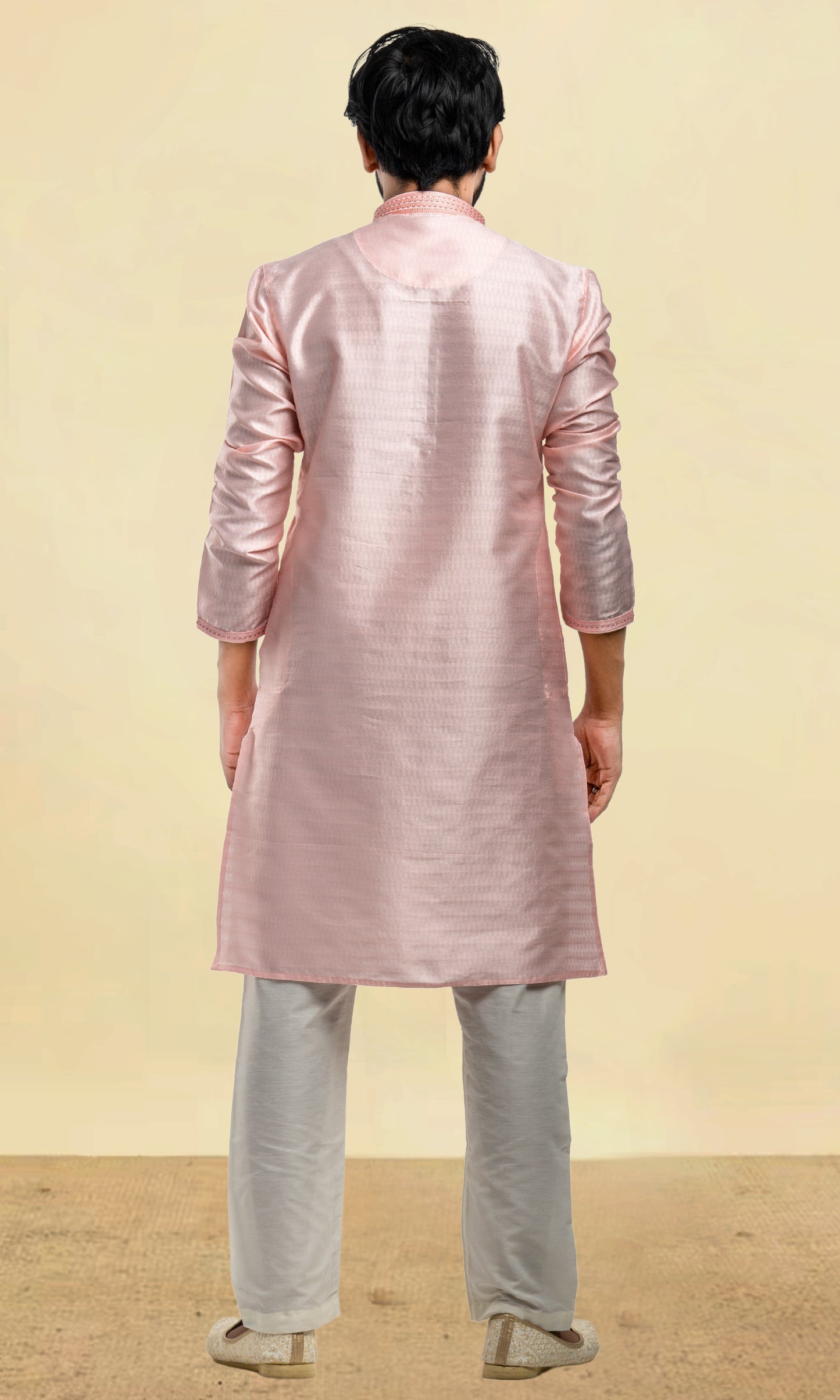 BABY PINK WEAVED ETHNIC MOTIFS WITH KATHA STITCH KURTA