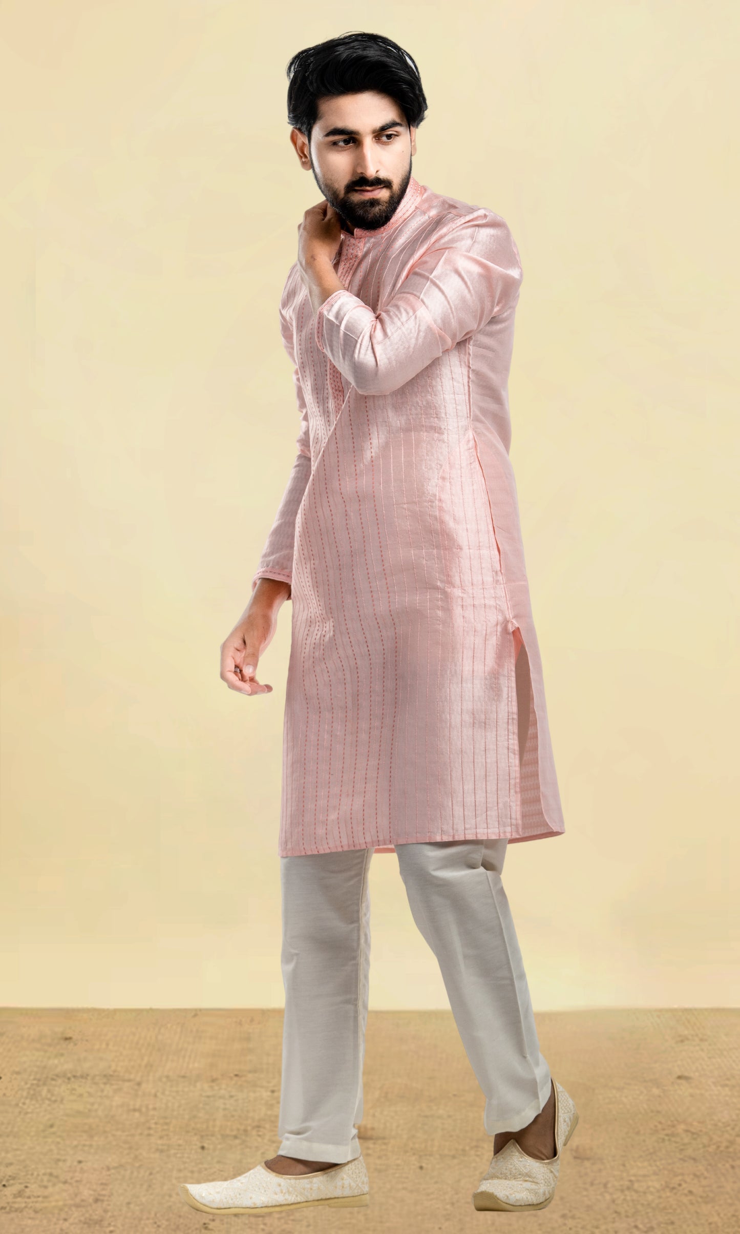 BABY PINK WEAVED ETHNIC MOTIFS WITH KATHA STITCH KURTA