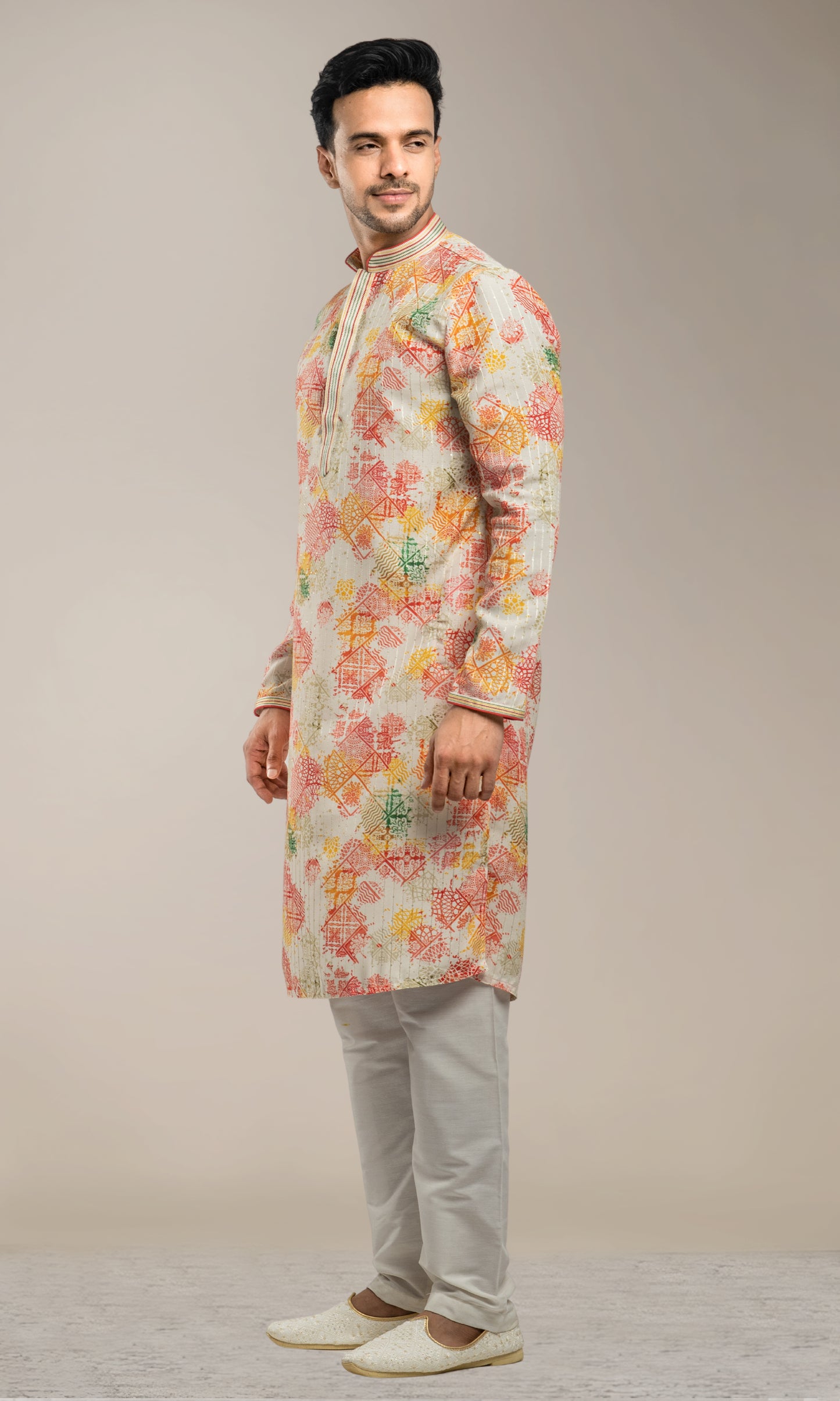 VENETIAN RED WITH MULTI COLOUR ABSTRACT PRINT KURTA WITH SEQIUNED THREADWORK