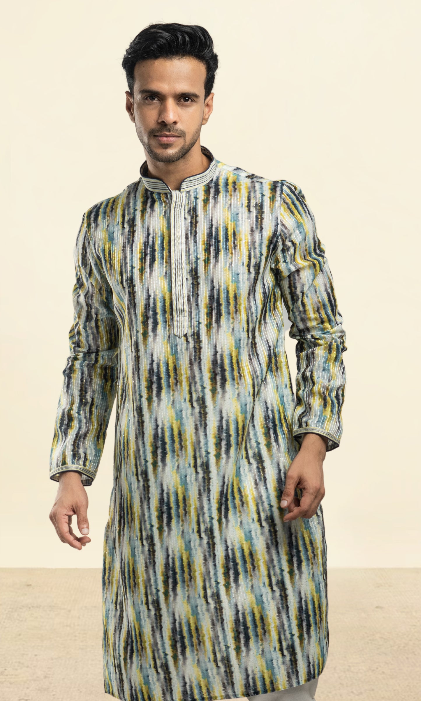 NAVY WITH HALDI COLOUR ABSTRACT PRINT KURTA WITH SEQIUNED THREADWORK