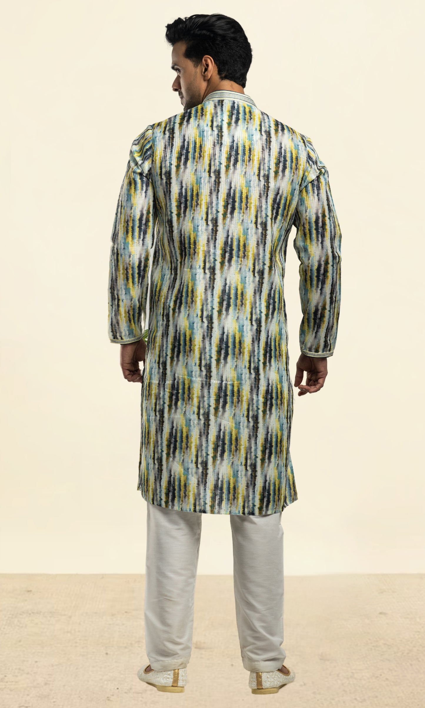 NAVY WITH HALDI COLOUR ABSTRACT PRINT KURTA WITH SEQIUNED THREADWORK