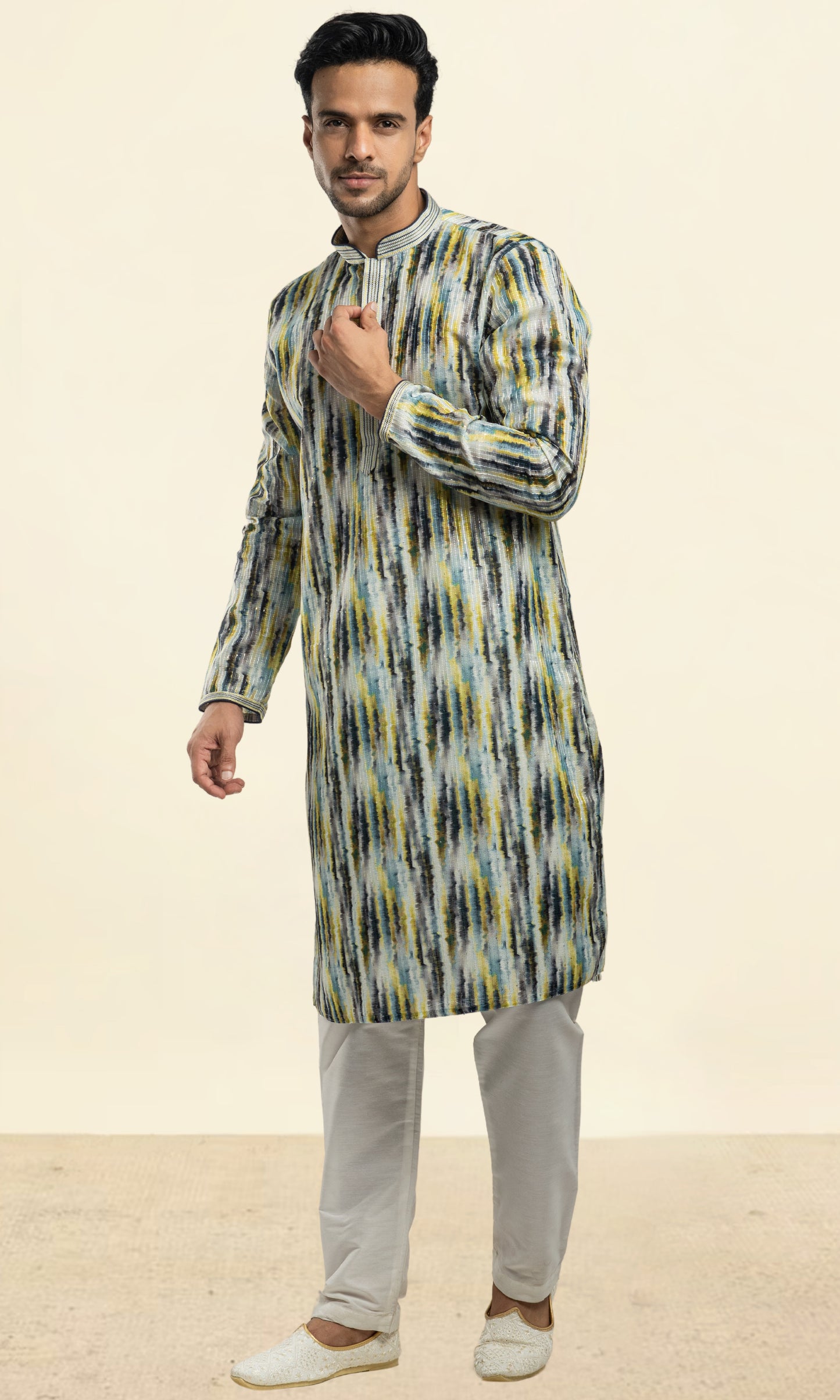 NAVY WITH HALDI COLOUR ABSTRACT PRINT KURTA WITH SEQIUNED THREADWORK