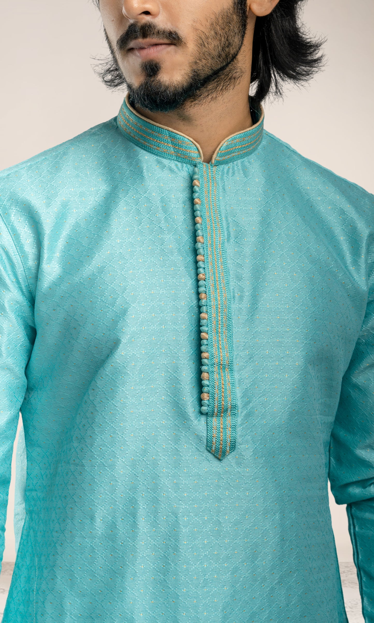 TURQUOISE HARLEQUIN STYLE WEAVED KURTA WITH THREAD WORK EMBRIODERY