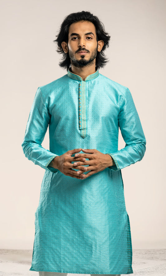 TURQUOISE HARLEQUIN STYLE WEAVED KURTA WITH THREAD WORK EMBRIODERY